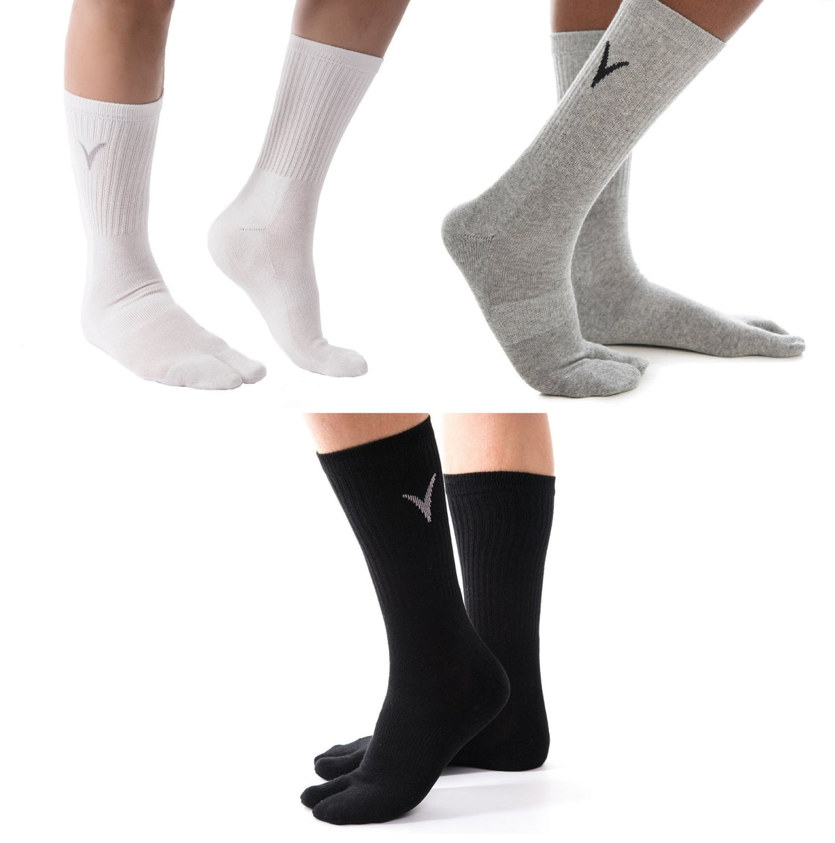 3 Pairs Athletic - V-Toe Flip Flop Tabi Big Toe Crew Sports Or Casual Black Solid Socks - Drakoi Marketplace