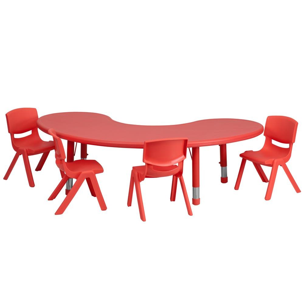 35''W x 65''L Half-Moon Red Plastic Height Adjustable Activity Table Set with 4 Chairs - Drakoi Marketplace