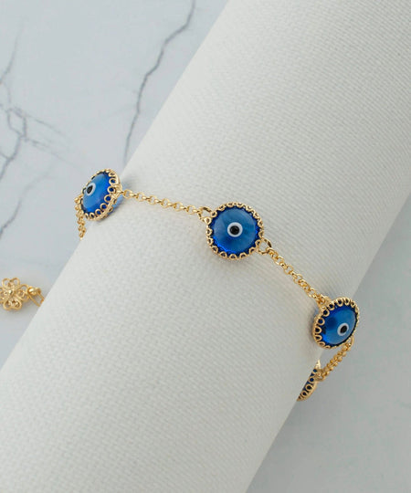 5 Beads Blue Evil Eye Women Gold Plated Silver Link Bracelet - Drakoi Marketplace