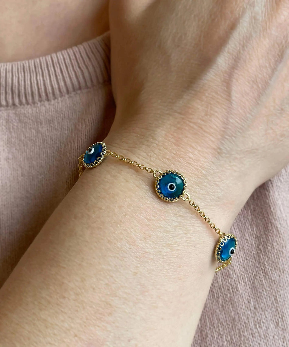 5 Beads Blue Evil Eye Women Gold Plated Silver Link Bracelet - Drakoi Marketplace