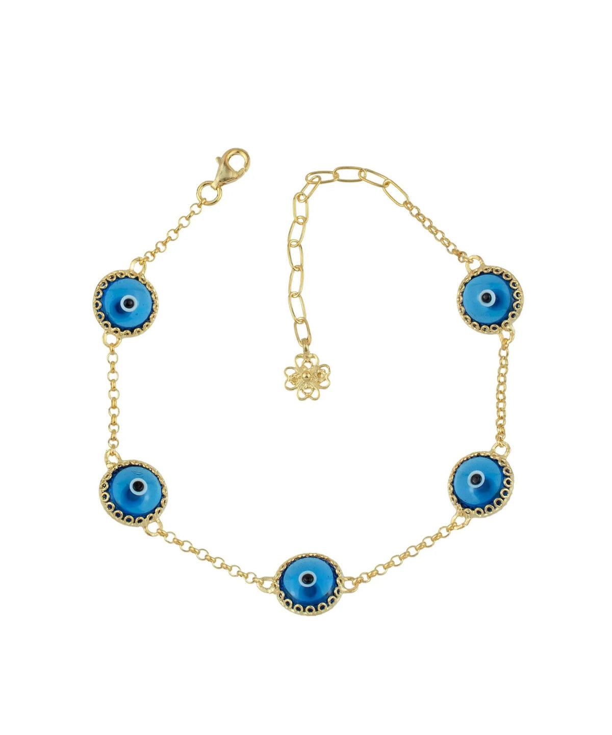 5 Beads Blue Evil Eye Women Gold Plated Silver Link Bracelet - Drakoi Marketplace