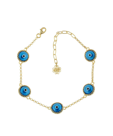 5 Beads Blue Evil Eye Women Gold Plated Silver Link Bracelet - Drakoi Marketplace