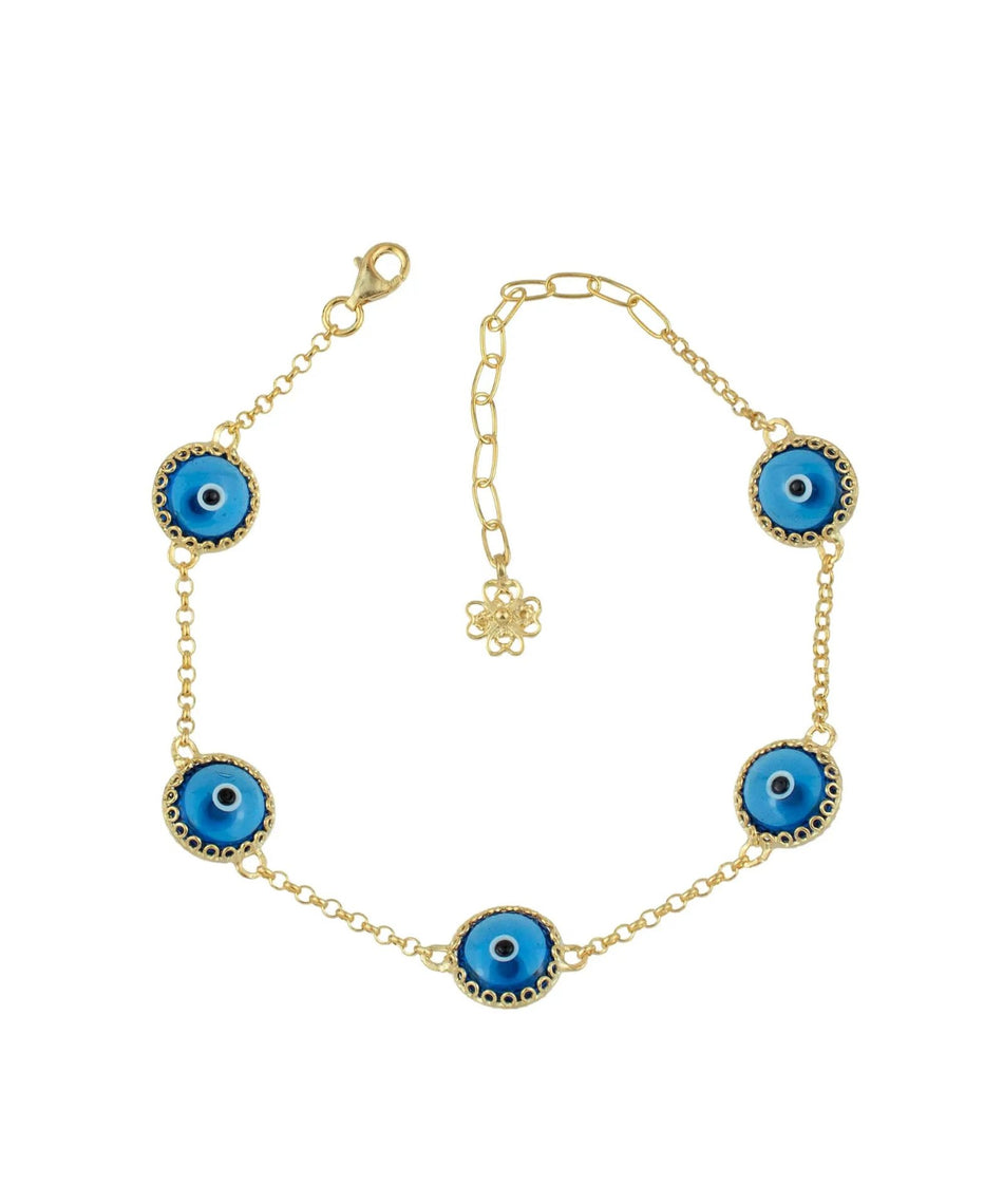 5 Beads Blue Evil Eye Women Gold Plated Silver Link Bracelet - Drakoi Marketplace