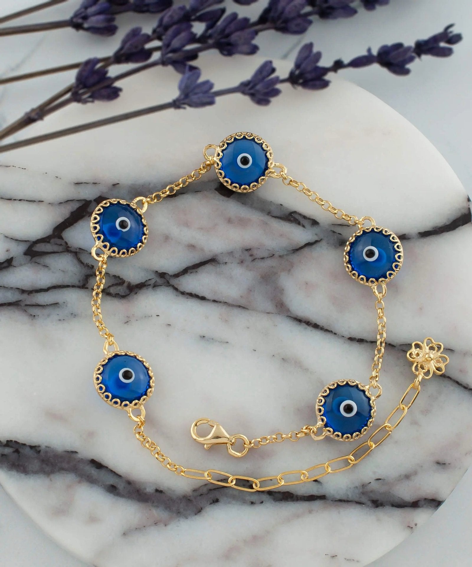 5 Beads Blue Evil Eye Women Gold Plated Silver Link Bracelet - Drakoi Marketplace