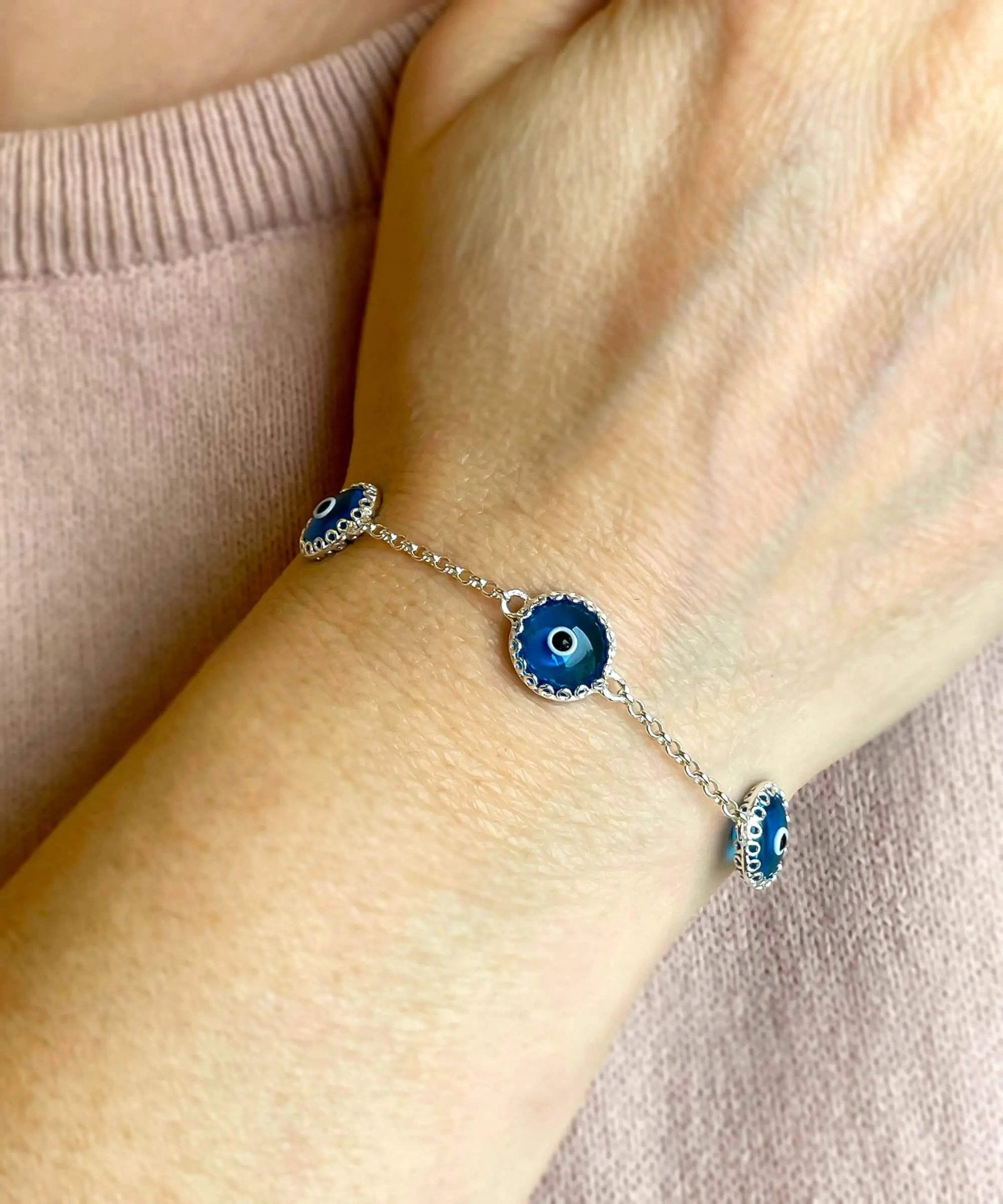 5 Beads Blue Evil Eye Women Silver Link Bracelet - Drakoi Marketplace