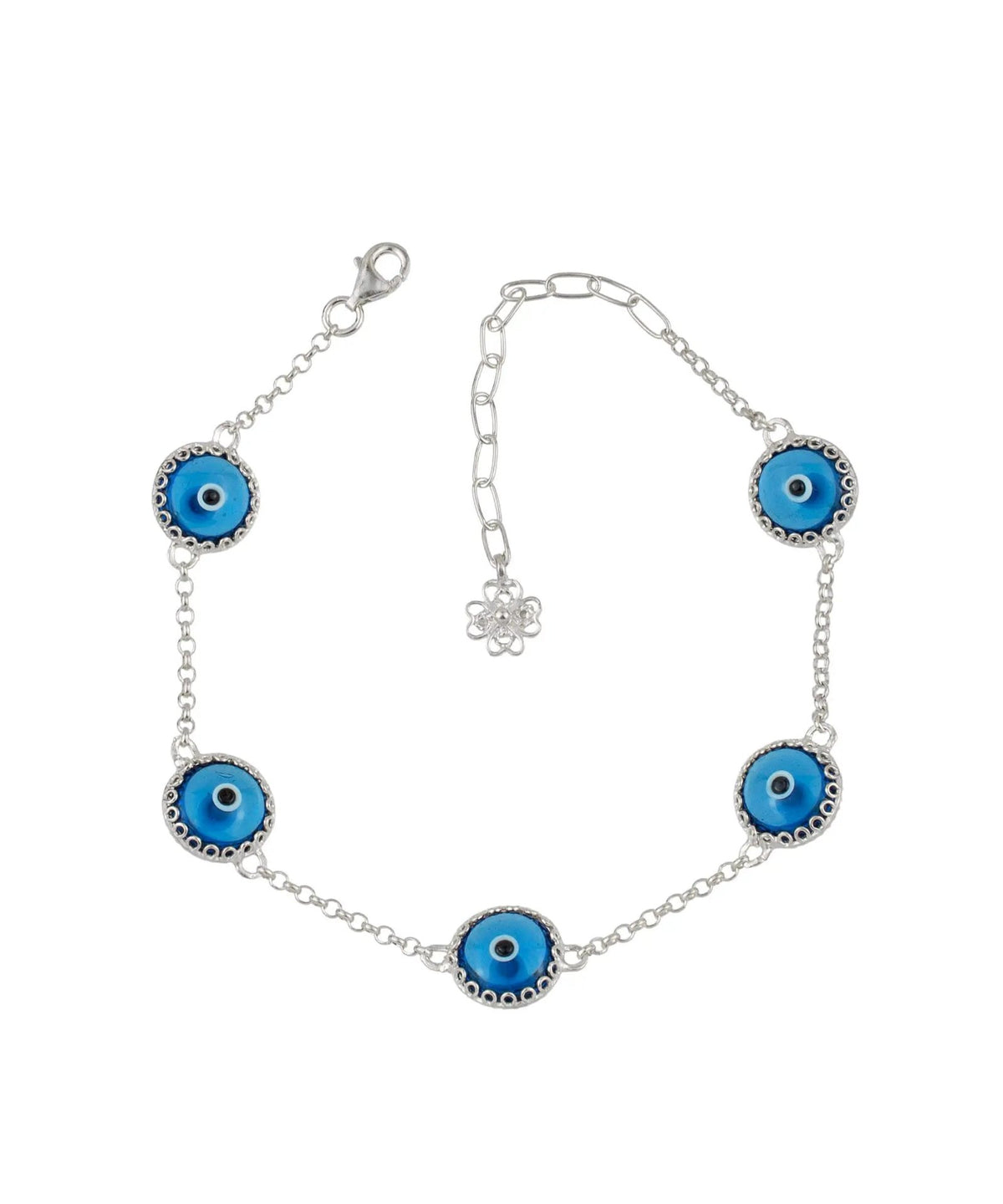 5 Beads Blue Evil Eye Women Silver Link Bracelet - Drakoi Marketplace