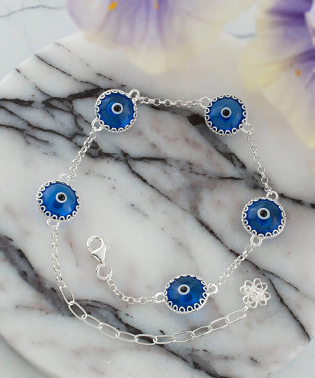 5 Beads Blue Evil Eye Women Silver Link Bracelet - Drakoi Marketplace