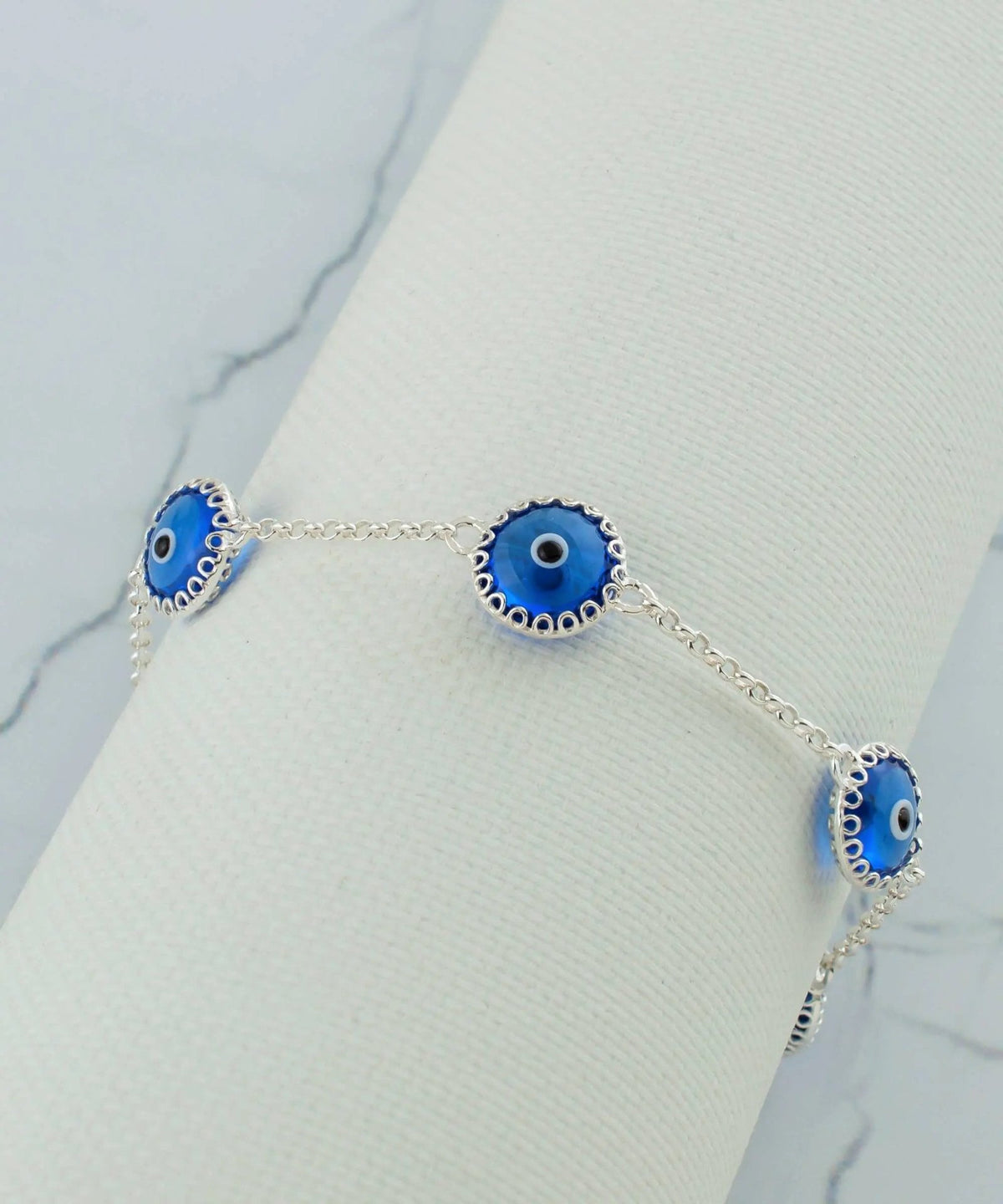 5 Beads Blue Evil Eye Women Silver Link Bracelet - Drakoi Marketplace