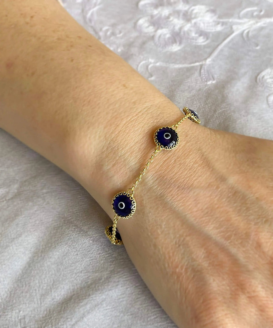 5 Beads Dark Blue Evil Eye Women Gold Plated Silver Link Bracelet - Drakoi Marketplace