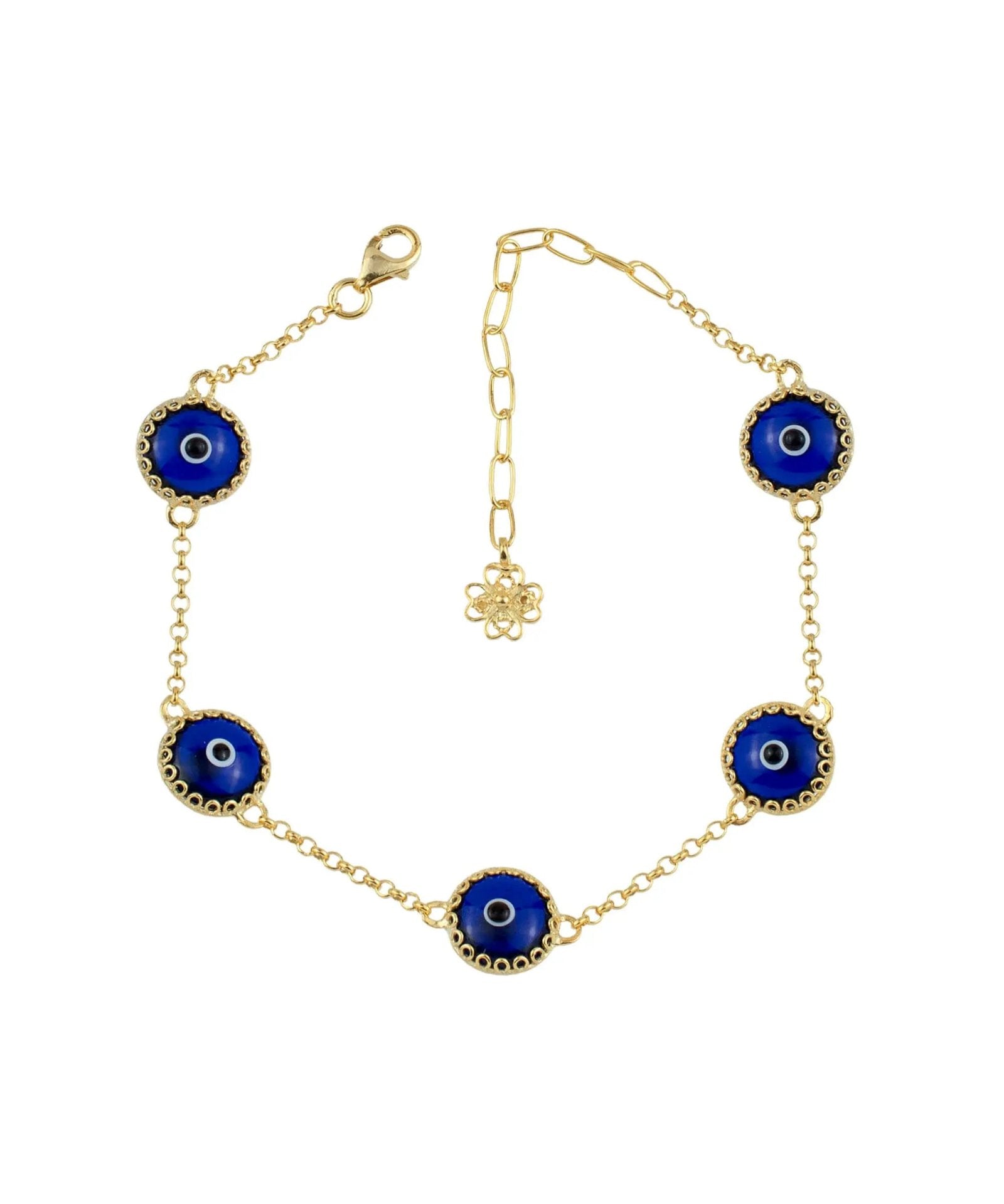 5 Beads Dark Blue Evil Eye Women Gold Plated Silver Link Bracelet - Drakoi Marketplace