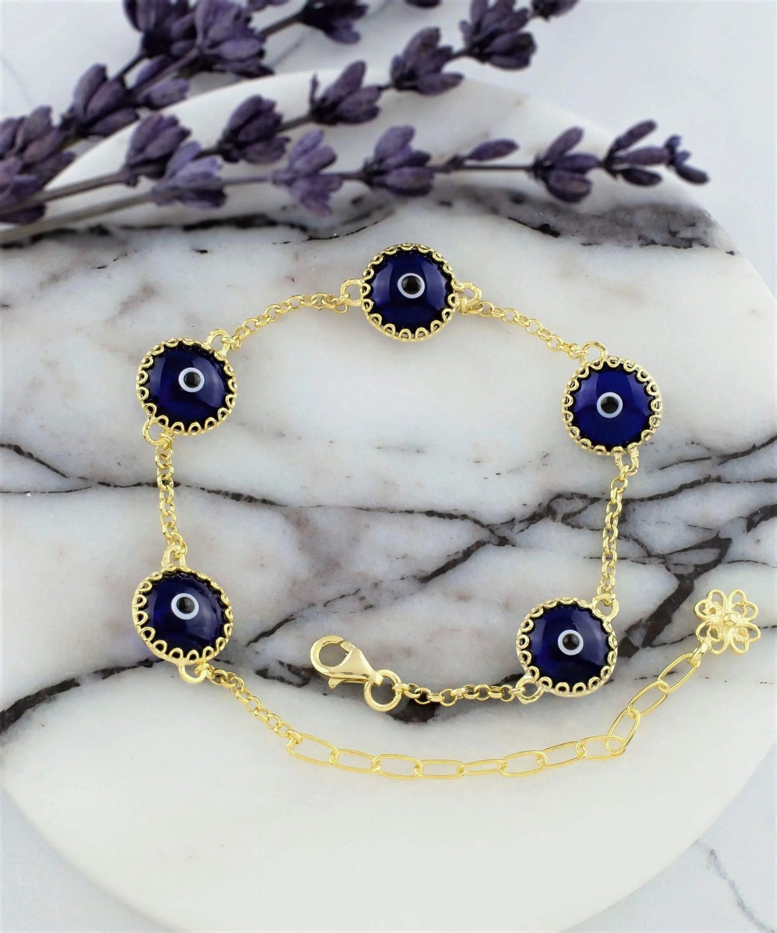 5 Beads Dark Blue Evil Eye Women Gold Plated Silver Link Bracelet - Drakoi Marketplace