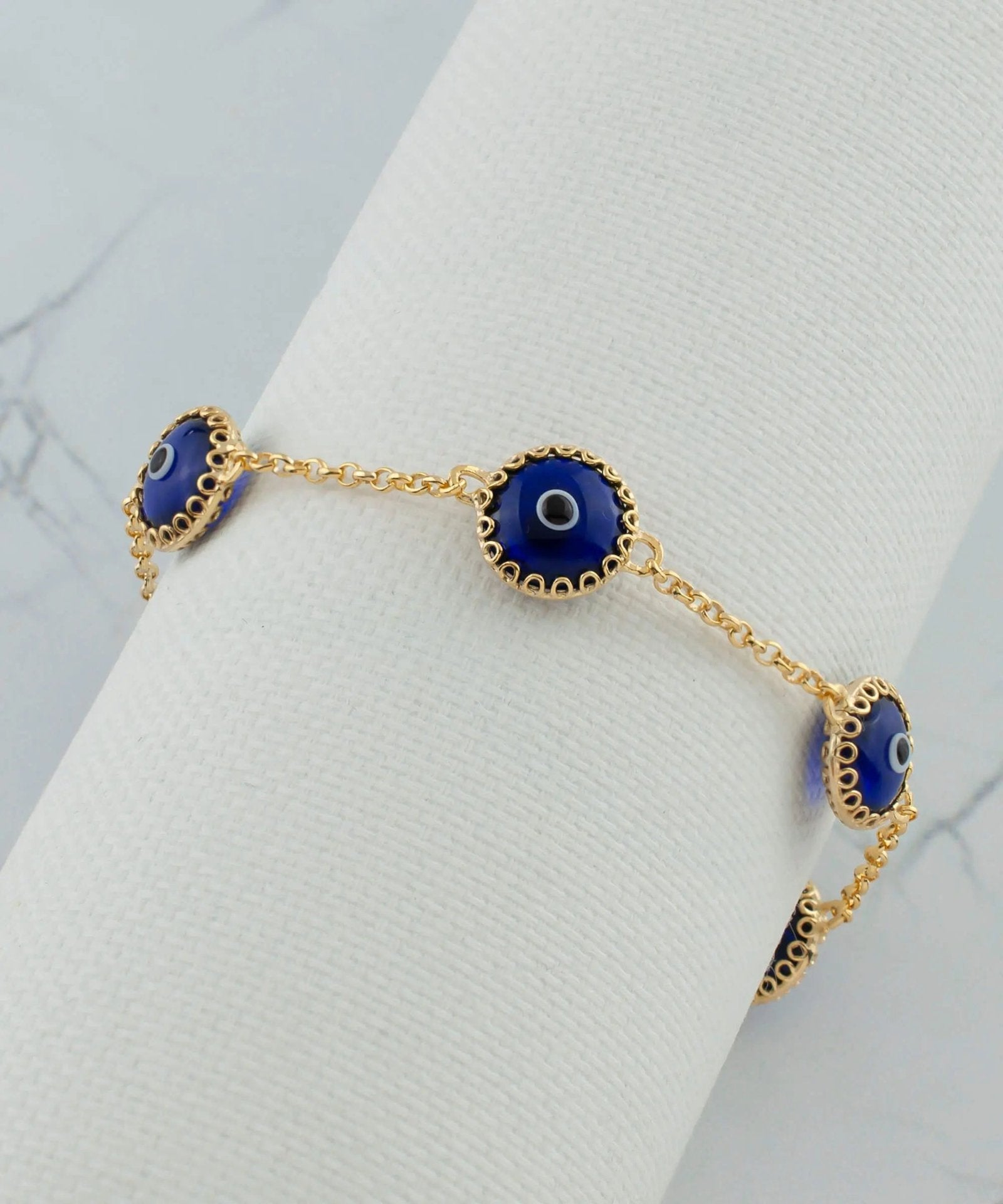 5 Beads Dark Blue Evil Eye Women Gold Plated Silver Link Bracelet - Drakoi Marketplace