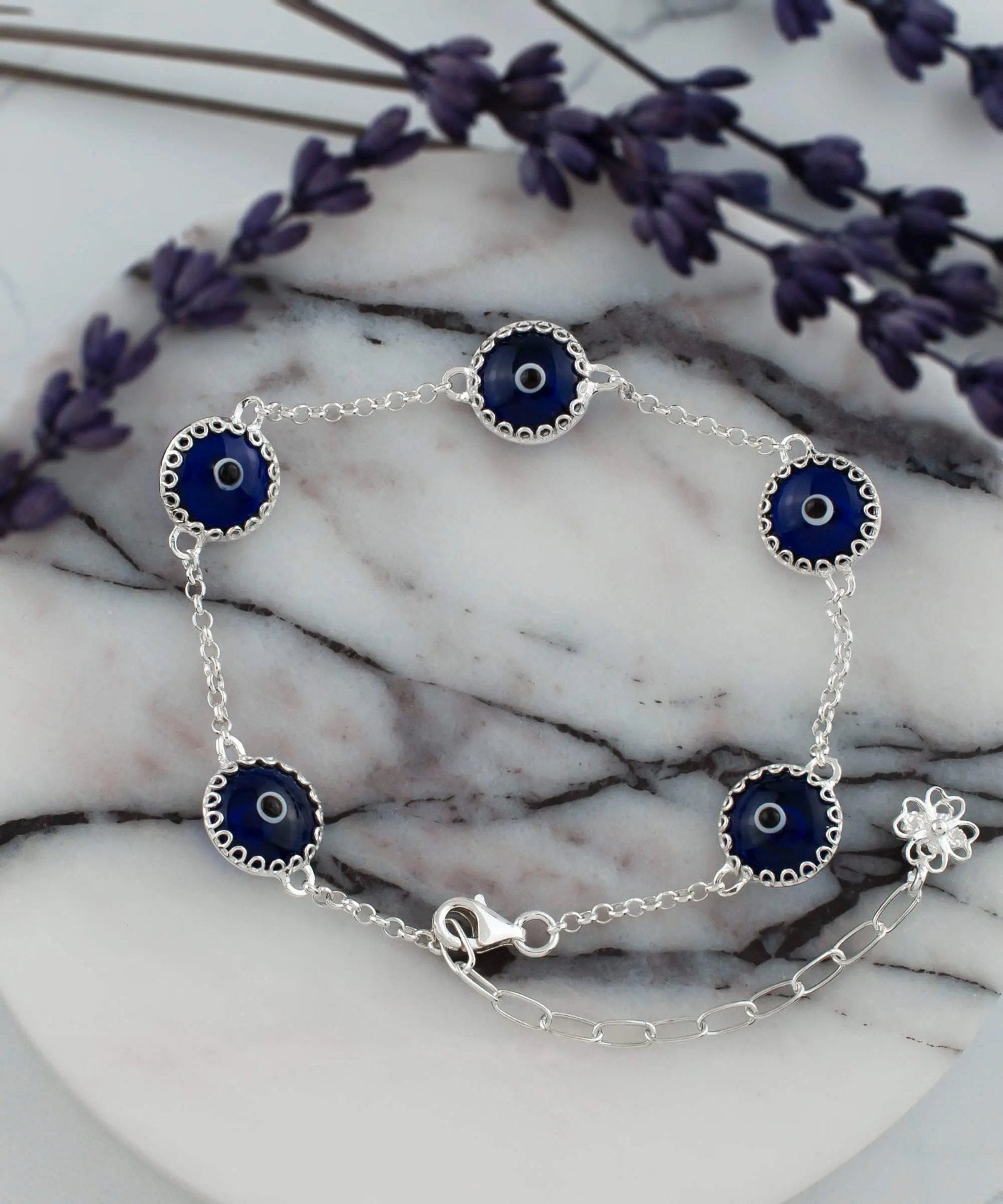 5 Beads Dark Blue Evil Eye Women Silver Link Bracelet - Drakoi Marketplace