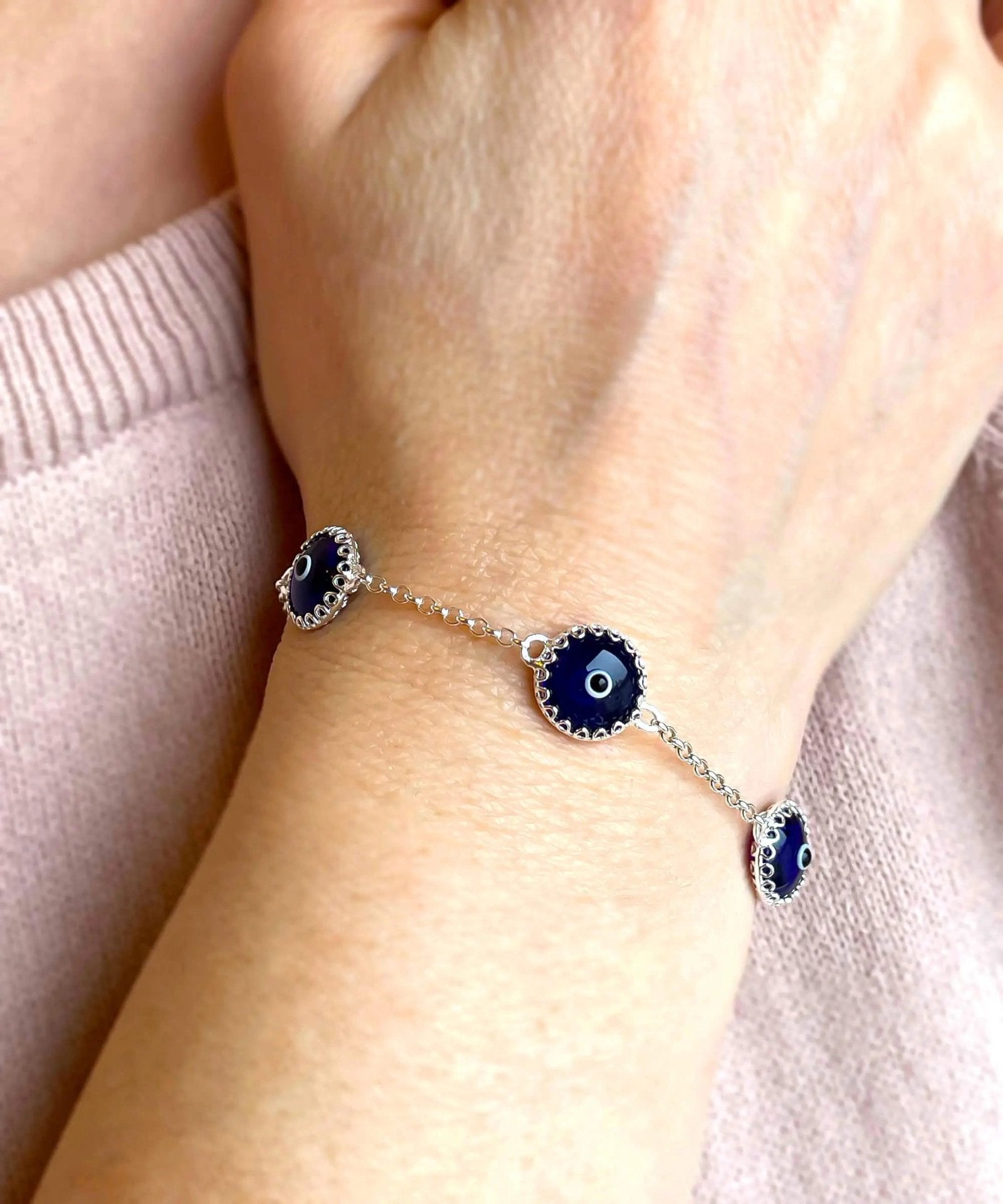 5 Beads Dark Blue Evil Eye Women Silver Link Bracelet - Drakoi Marketplace