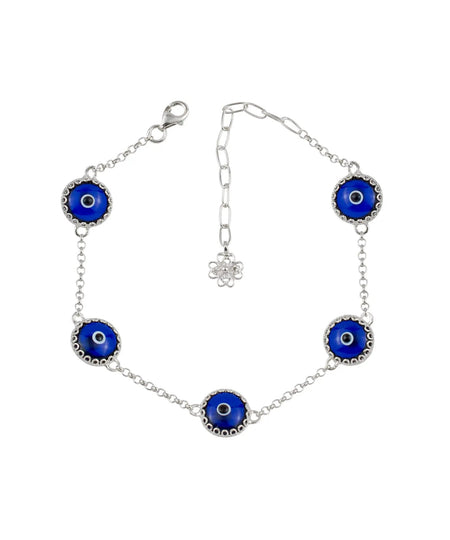 5 Beads Dark Blue Evil Eye Women Silver Link Bracelet - Drakoi Marketplace