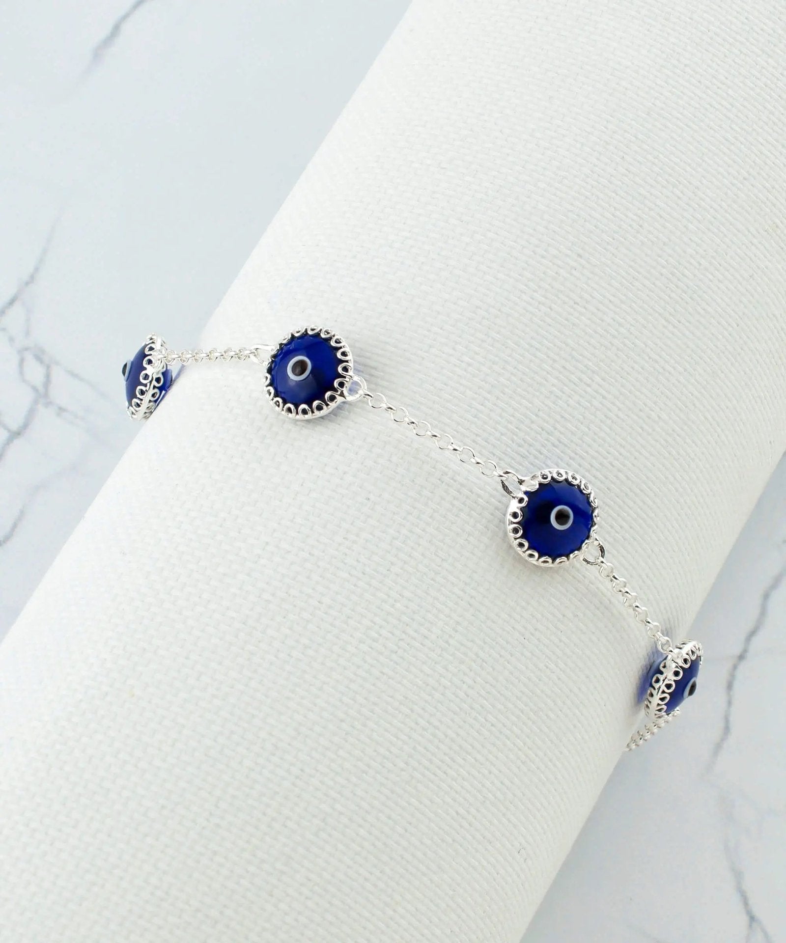 5 Beads Dark Blue Evil Eye Women Silver Link Bracelet - Drakoi Marketplace