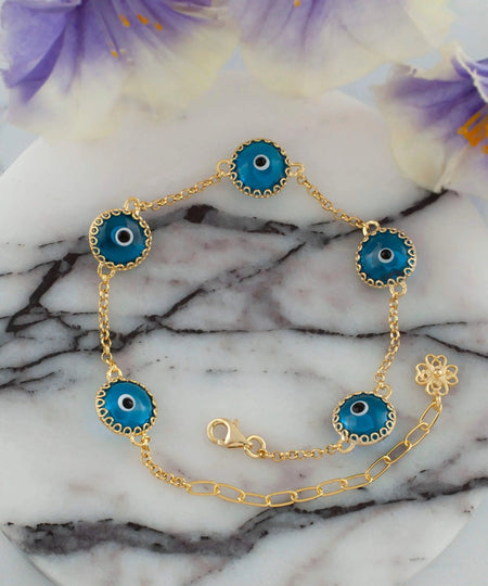 5 Beads Lapis Blue Evil Eye Women Gold Plated Silver Link Bracelet - Drakoi Marketplace