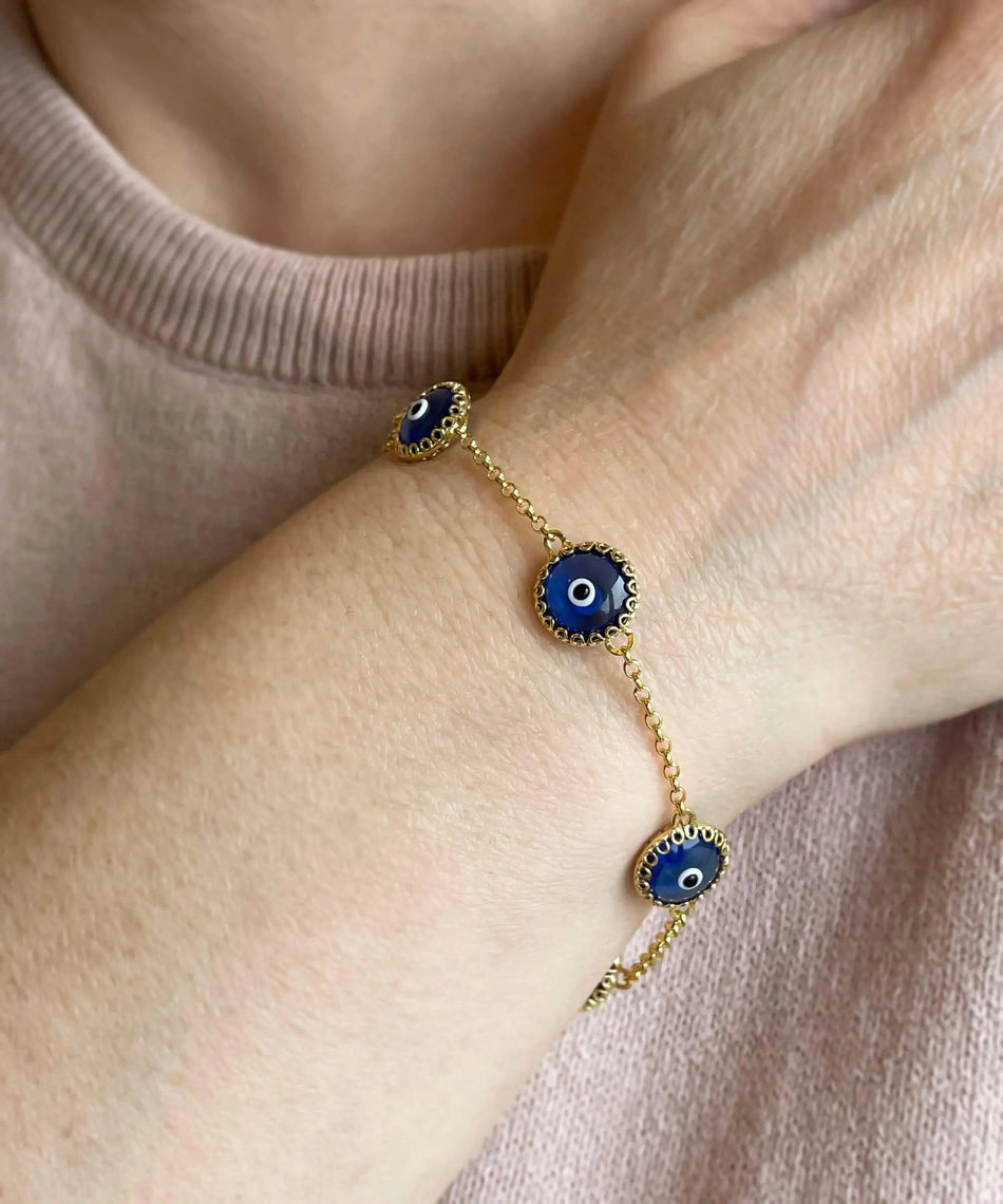 5 Beads Lapis Blue Evil Eye Women Gold Plated Silver Link Bracelet - Drakoi Marketplace