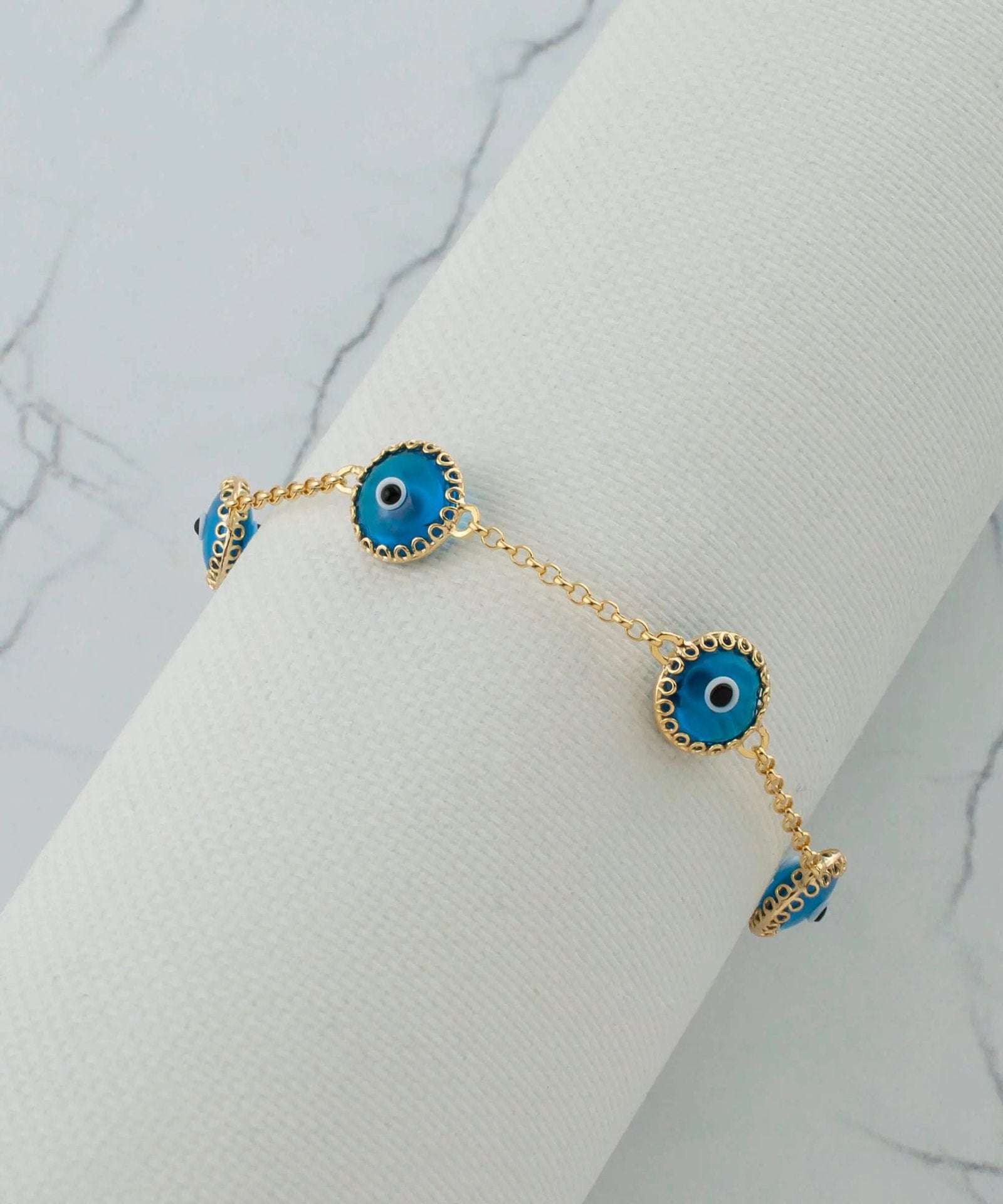 5 Beads Lapis Blue Evil Eye Women Gold Plated Silver Link Bracelet - Drakoi Marketplace