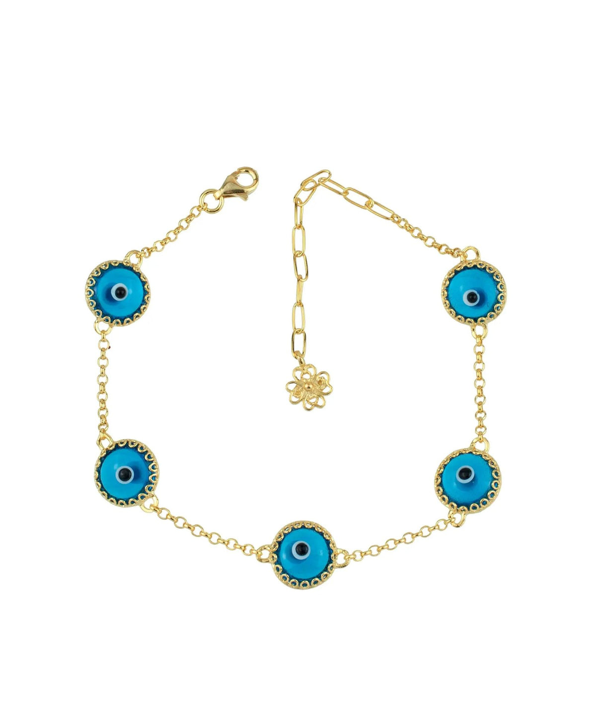 5 Beads Lapis Blue Evil Eye Women Gold Plated Silver Link Bracelet - Drakoi Marketplace