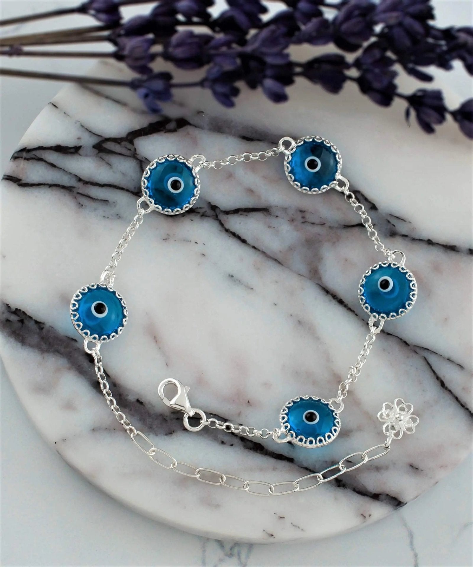 5 Beads Lapis Blue Evil Eye Women Silver Link Bracelet - Drakoi Marketplace