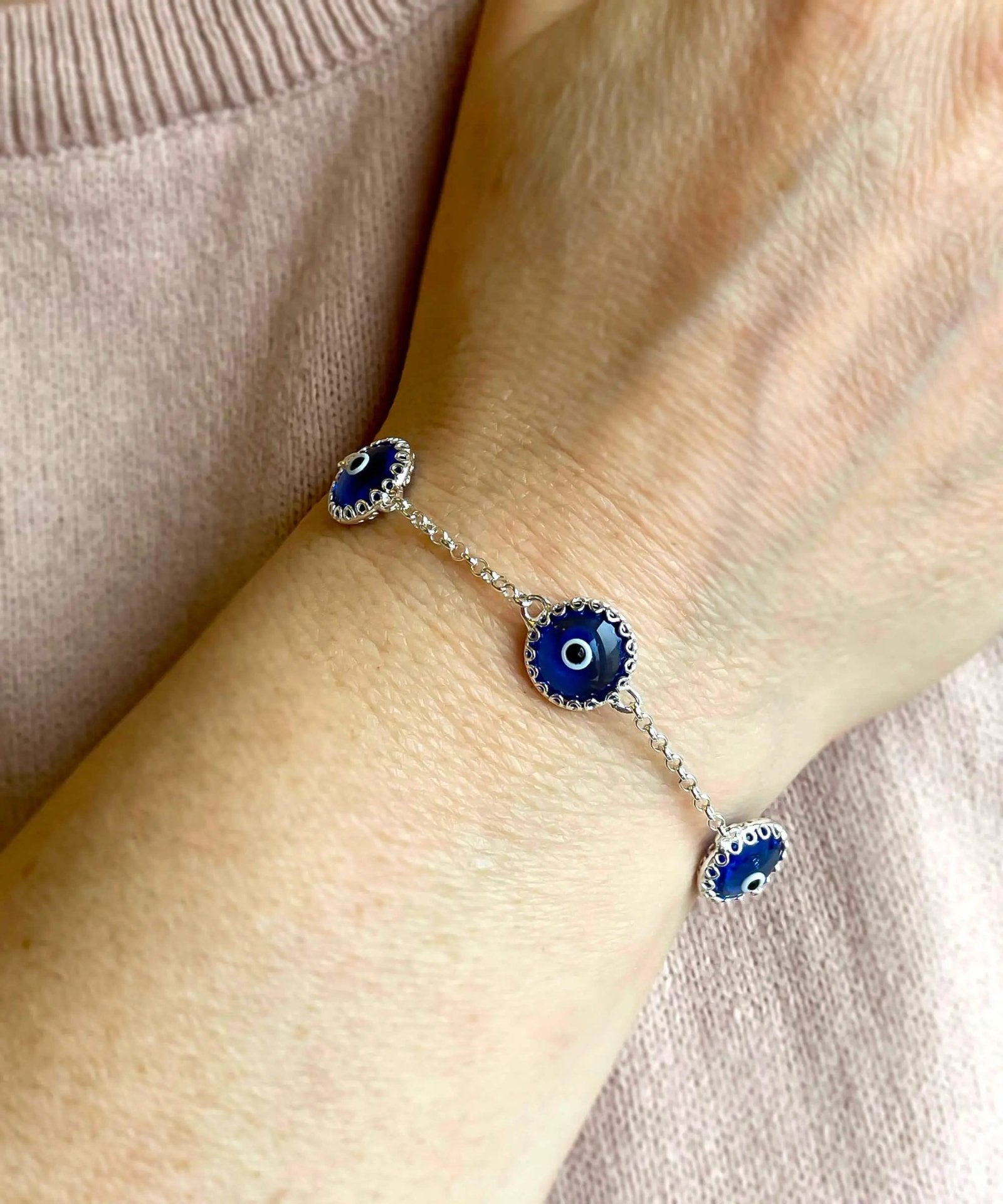 5 Beads Lapis Blue Evil Eye Women Silver Link Bracelet - Drakoi Marketplace