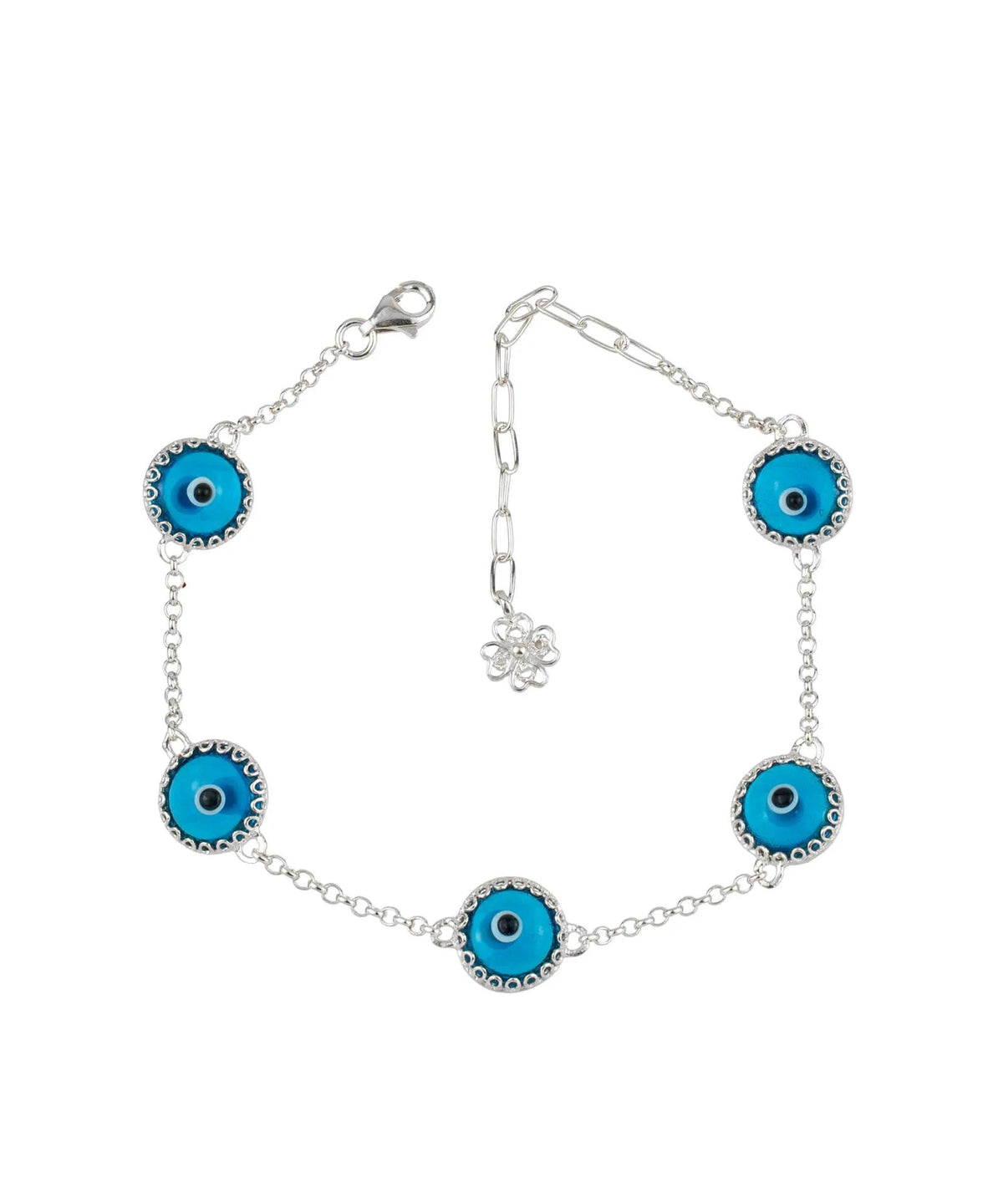 5 Beads Lapis Blue Evil Eye Women Silver Link Bracelet - Drakoi Marketplace