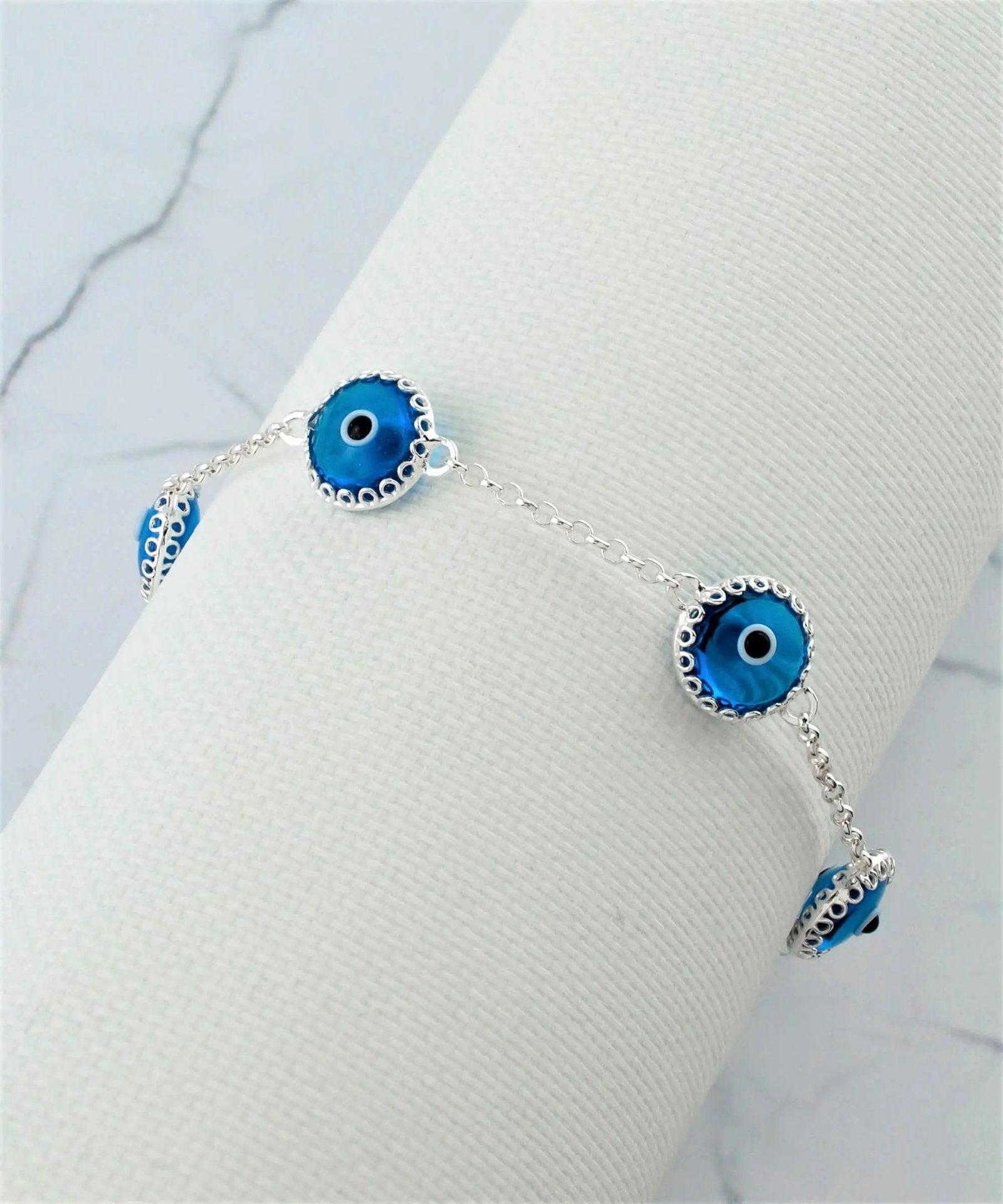 5 Beads Lapis Blue Evil Eye Women Silver Link Bracelet - Drakoi Marketplace