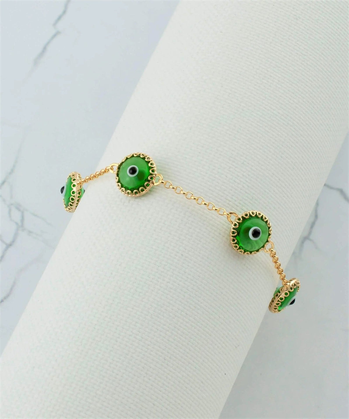 5 Beads Mint Green Evil Eye Women Gold Plated Silver Link Bracelet - Drakoi Marketplace