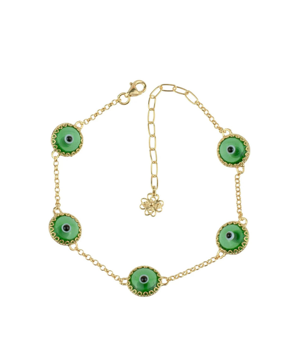 5 Beads Mint Green Evil Eye Women Gold Plated Silver Link Bracelet - Drakoi Marketplace