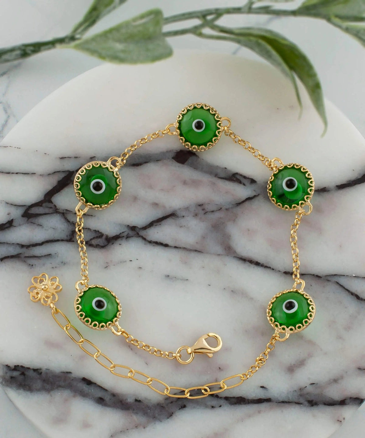 5 Beads Mint Green Evil Eye Women Gold Plated Silver Link Bracelet - Drakoi Marketplace