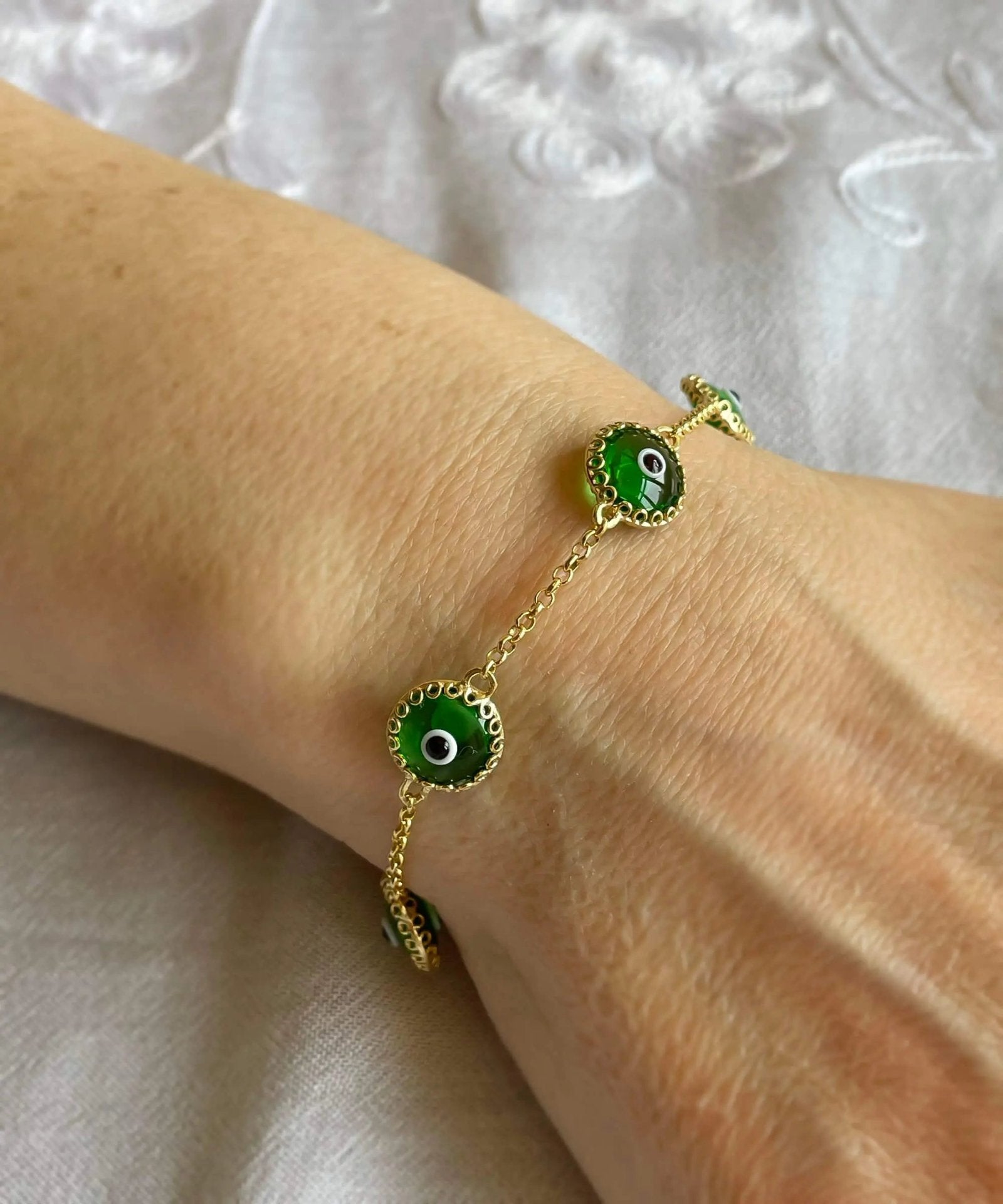 5 Beads Mint Green Evil Eye Women Gold Plated Silver Link Bracelet - Drakoi Marketplace