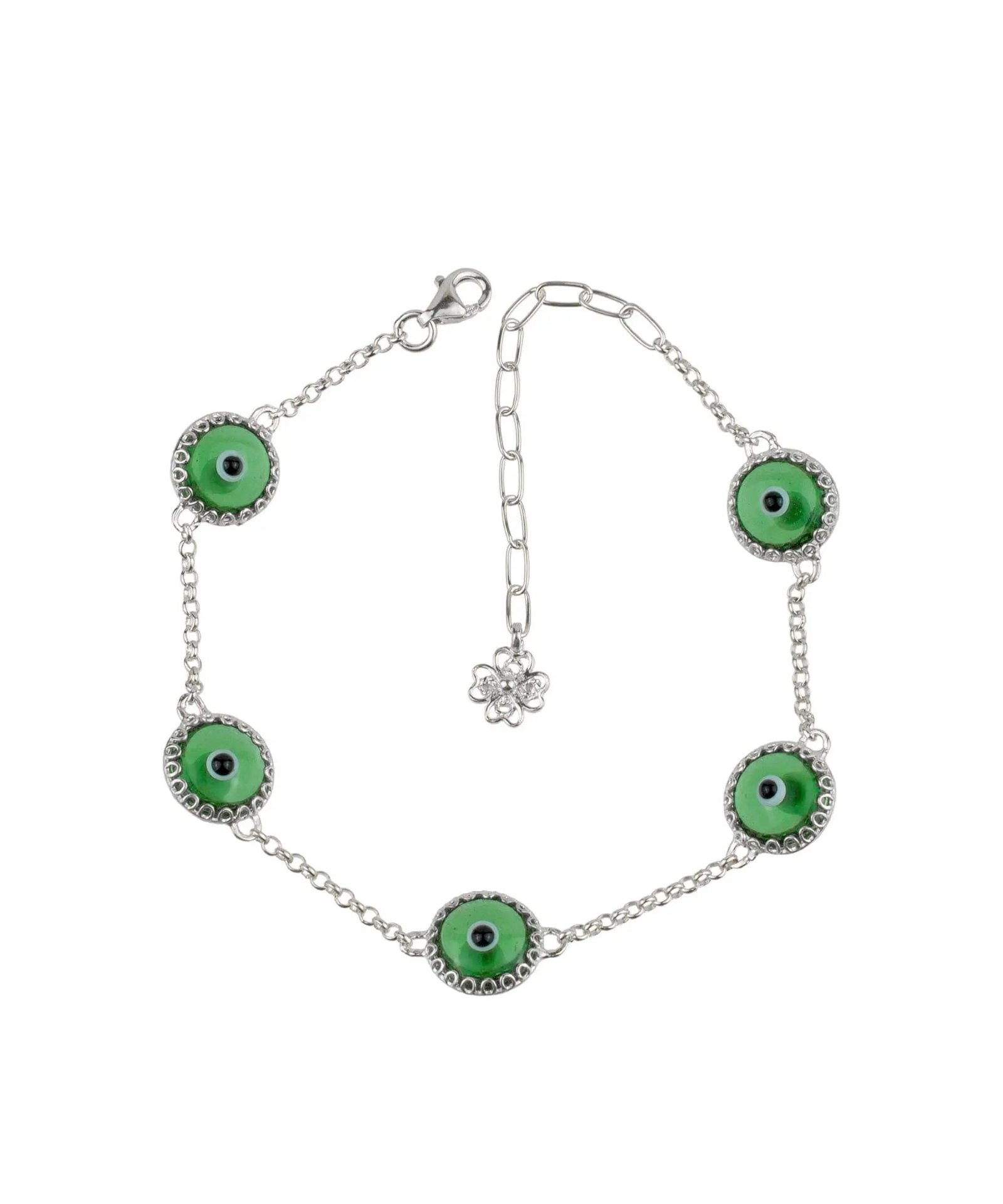 5 Beads Mint Green Evil Eye Women Silver Link Bracelet - Drakoi Marketplace