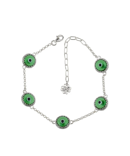 5 Beads Mint Green Evil Eye Women Silver Link Bracelet - Drakoi Marketplace