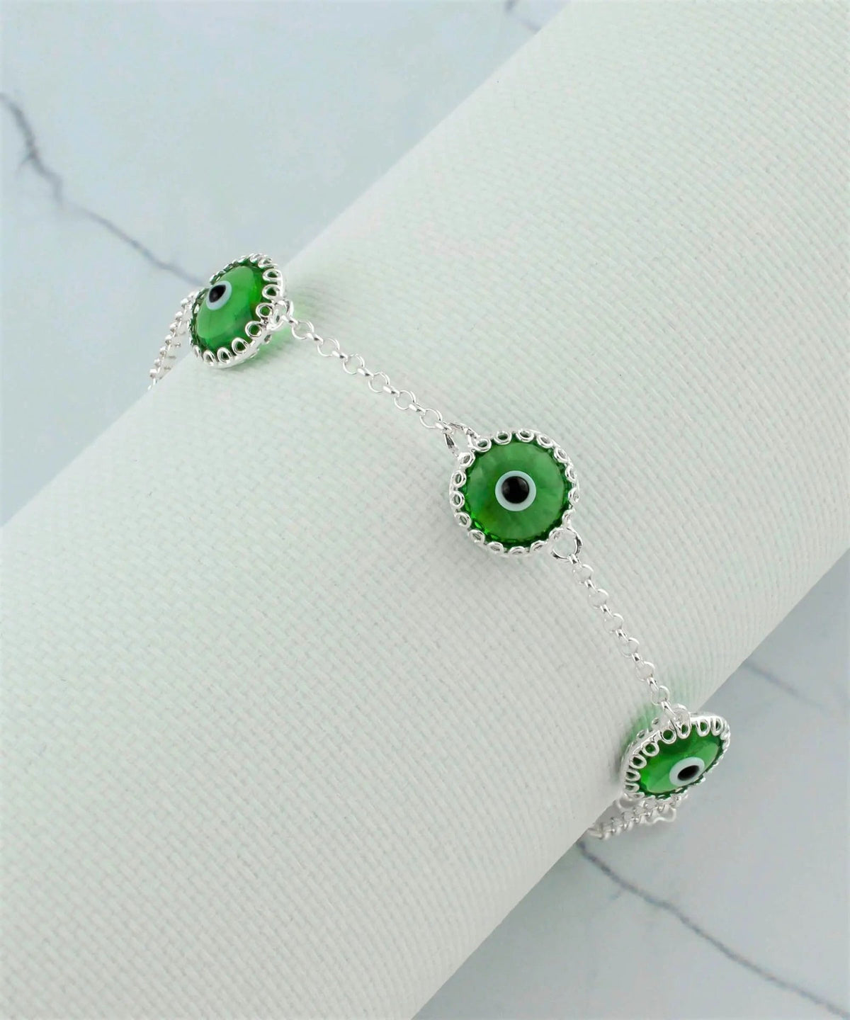 5 Beads Mint Green Evil Eye Women Silver Link Bracelet - Drakoi Marketplace