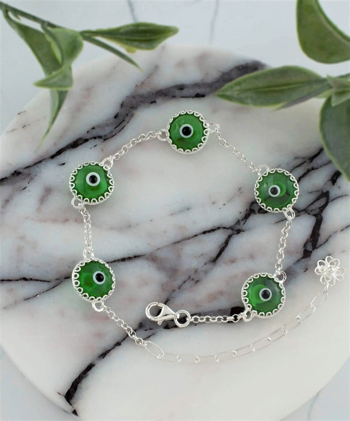 5 Beads Mint Green Evil Eye Women Silver Link Bracelet - Drakoi Marketplace