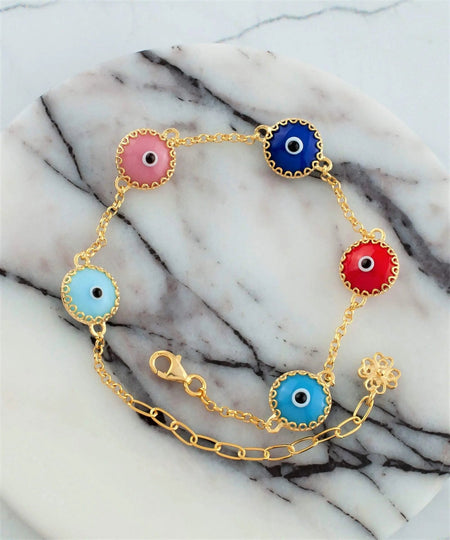 5 Beads Multi Color Evil Eye Women Gold Plated Silver Link Bracelet - Drakoi Marketplace