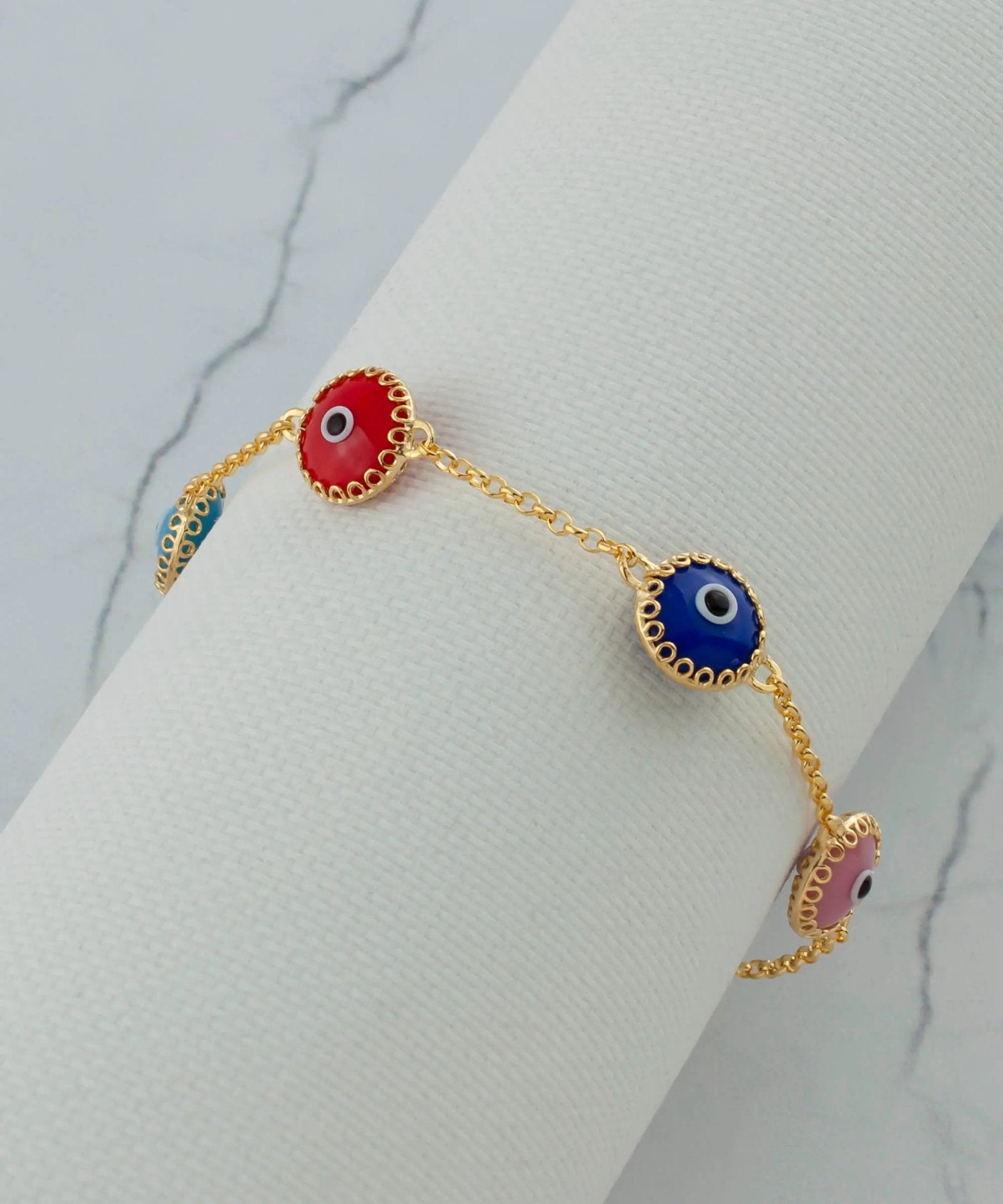 5 Beads Multi Color Evil Eye Women Gold Plated Silver Link Bracelet - Drakoi Marketplace