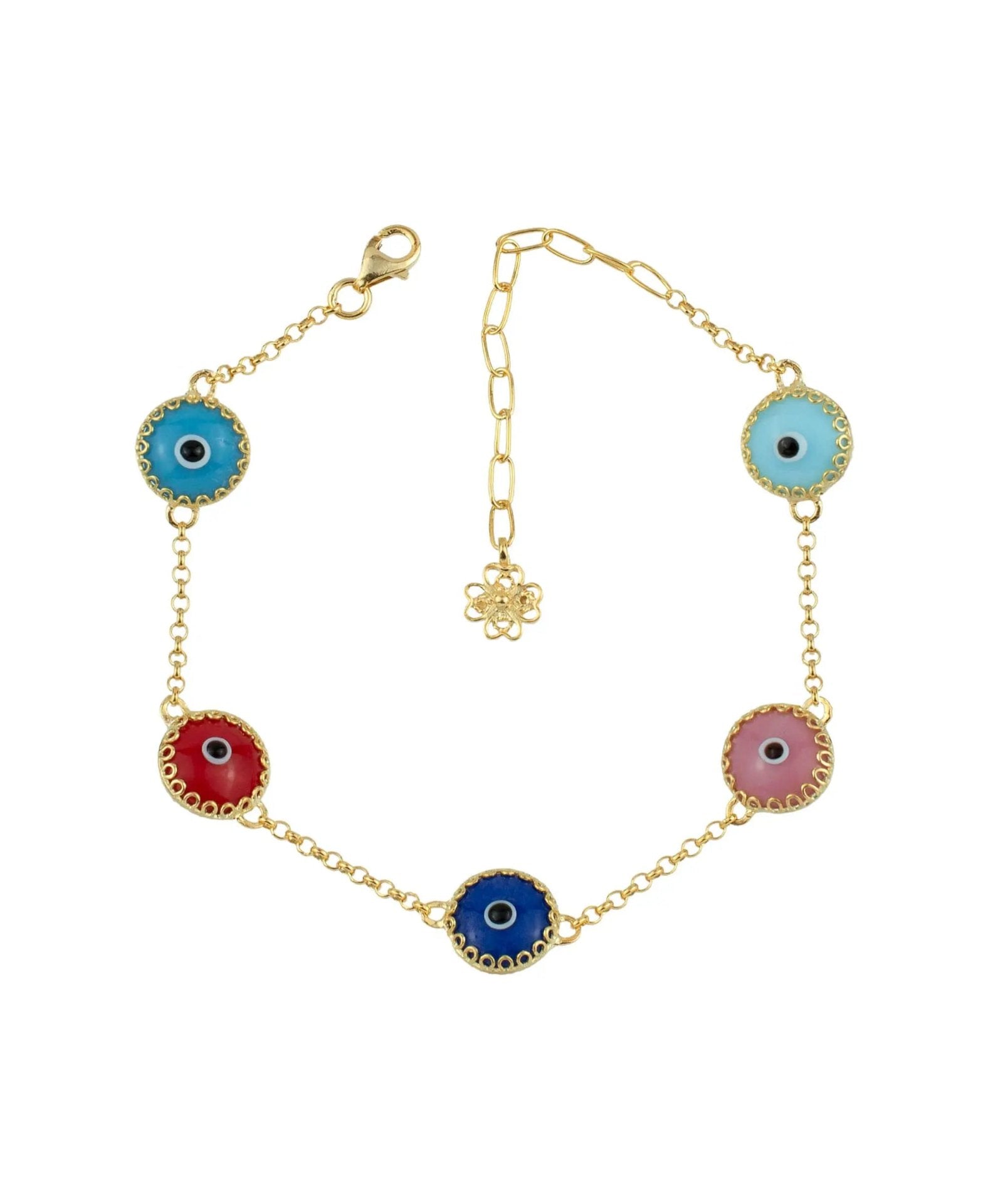 5 Beads Multi Color Evil Eye Women Gold Plated Silver Link Bracelet - Drakoi Marketplace