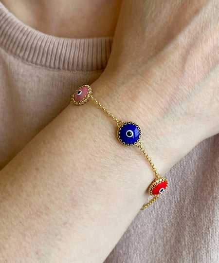 5 Beads Multi Color Evil Eye Women Gold Plated Silver Link Bracelet - Drakoi Marketplace