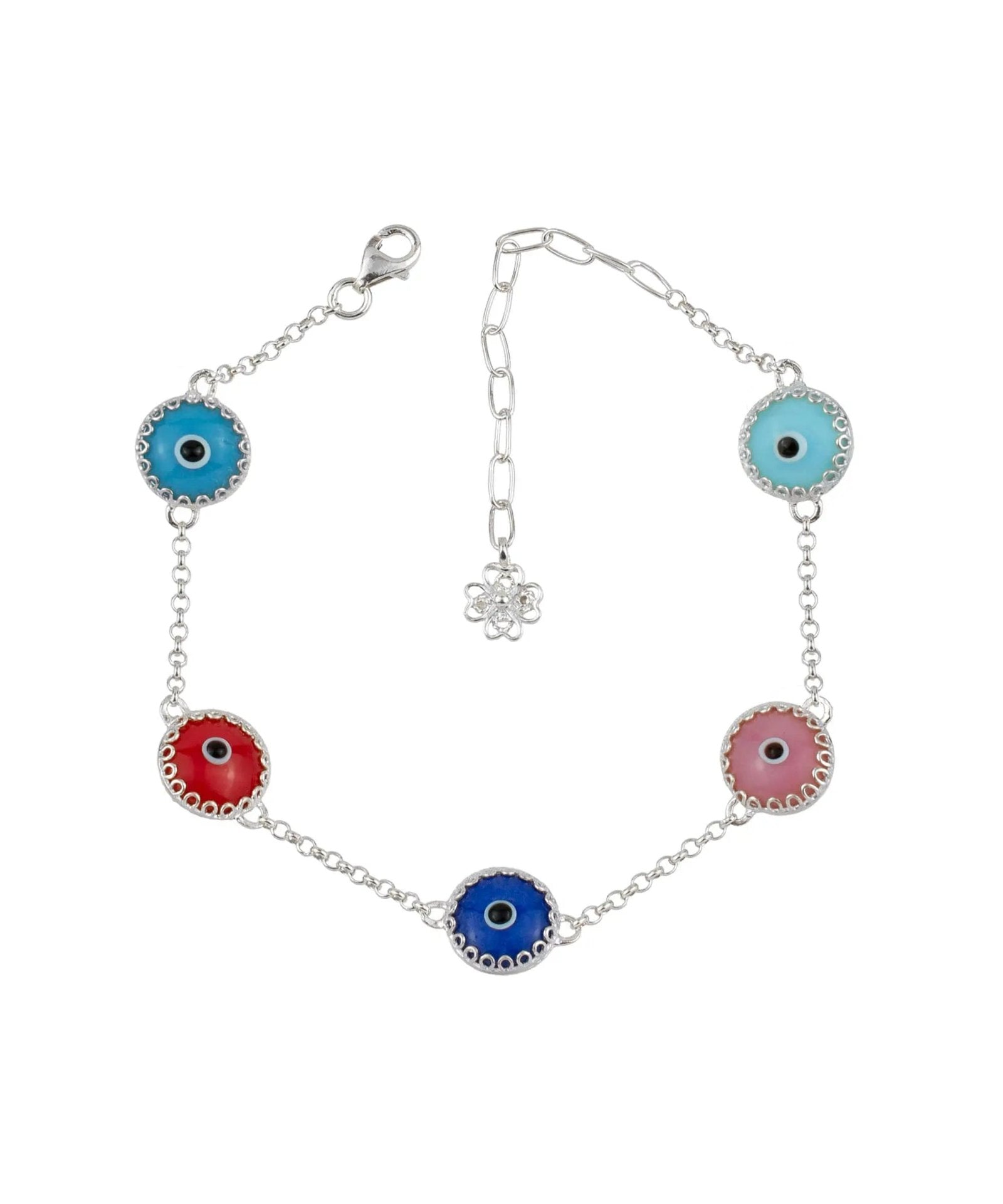 5 Beads Multi Color Evil Eye Women Silver Link Bracelet - Drakoi Marketplace