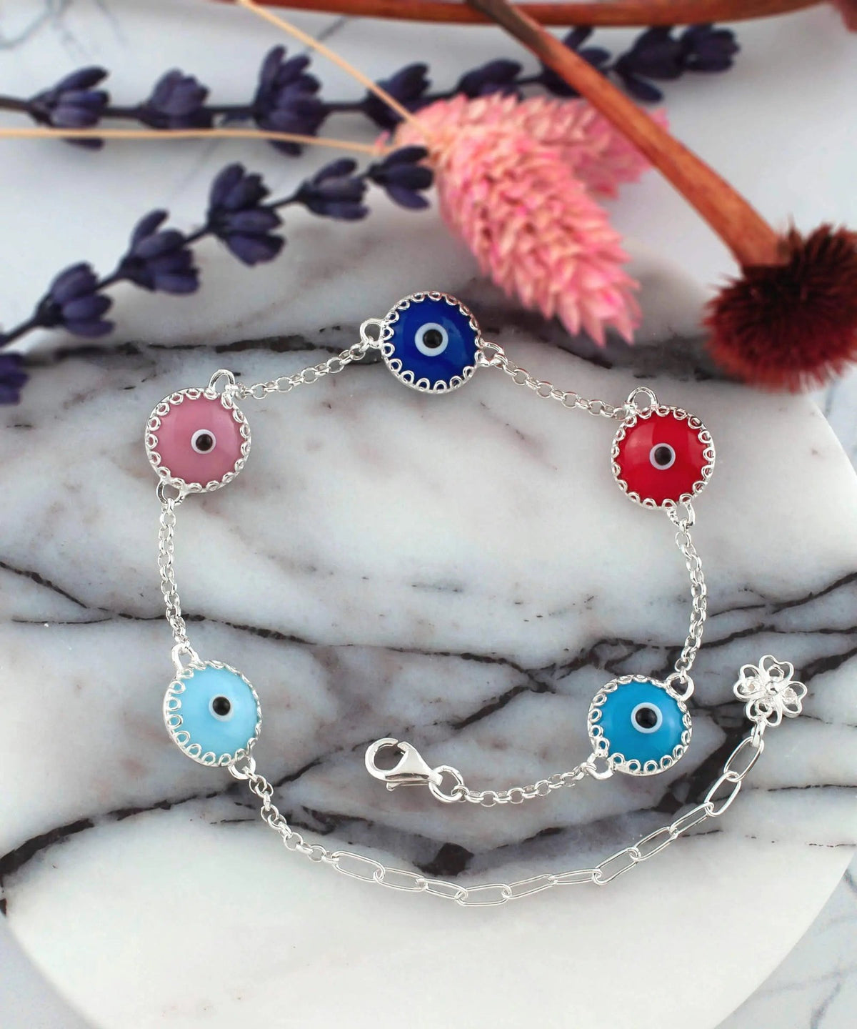 5 Beads Multi Color Evil Eye Women Silver Link Bracelet - Drakoi Marketplace