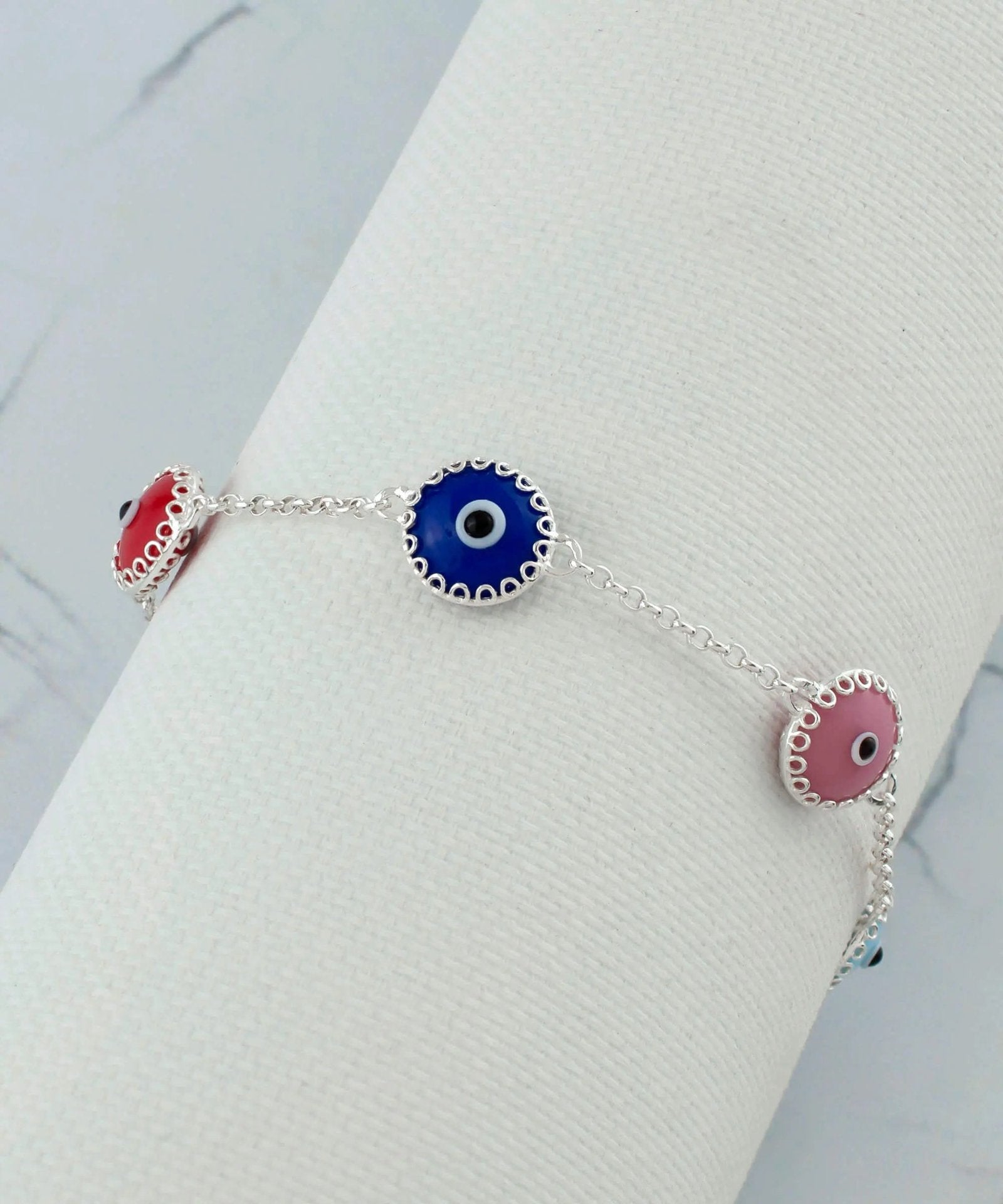 5 Beads Multi Color Evil Eye Women Silver Link Bracelet - Drakoi Marketplace