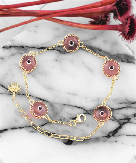 5 Beads Pink Evil Eye Women Gold Plated Silver Link Bracelet - Drakoi Marketplace