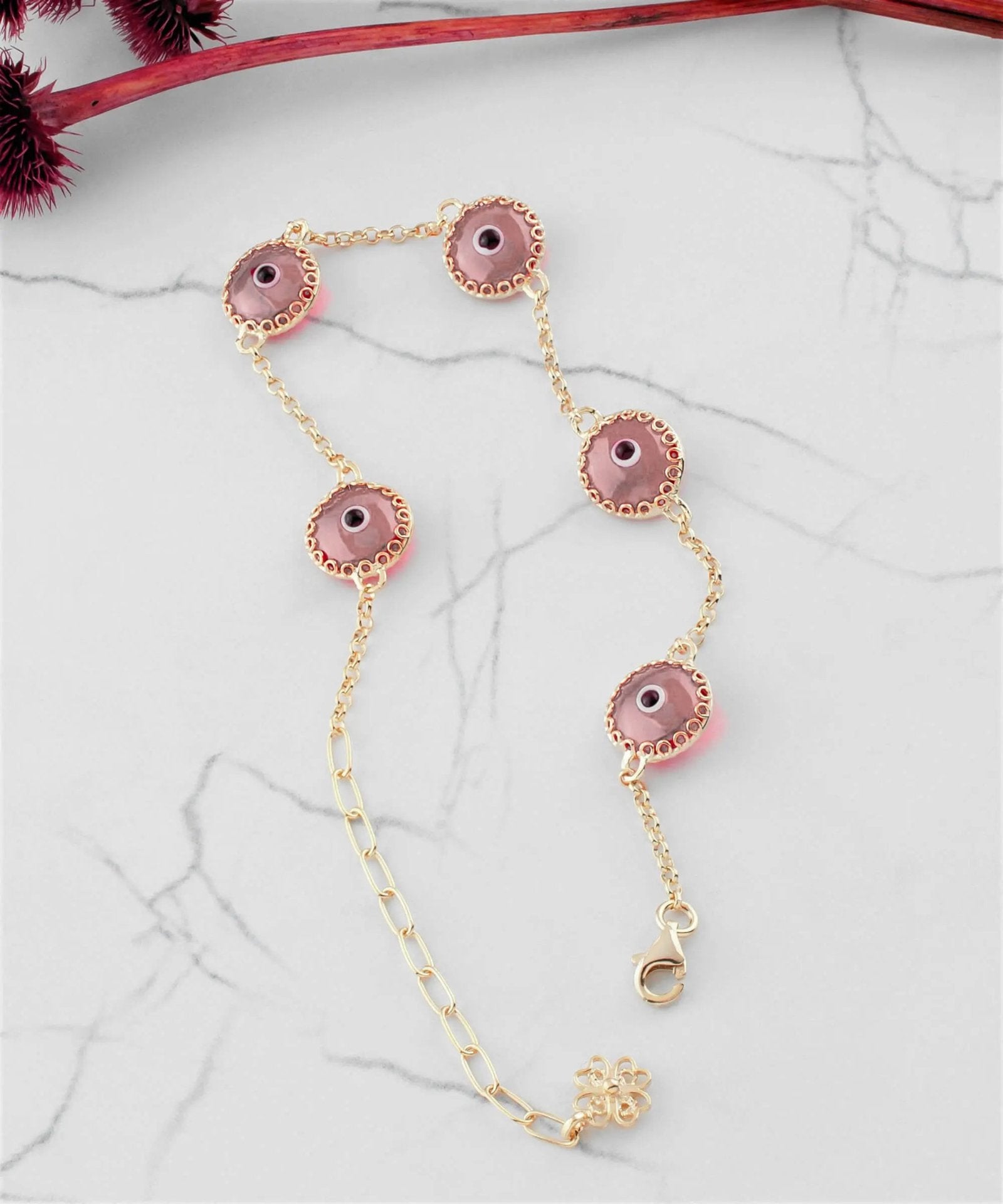 5 Beads Pink Evil Eye Women Gold Plated Silver Link Bracelet - Drakoi Marketplace