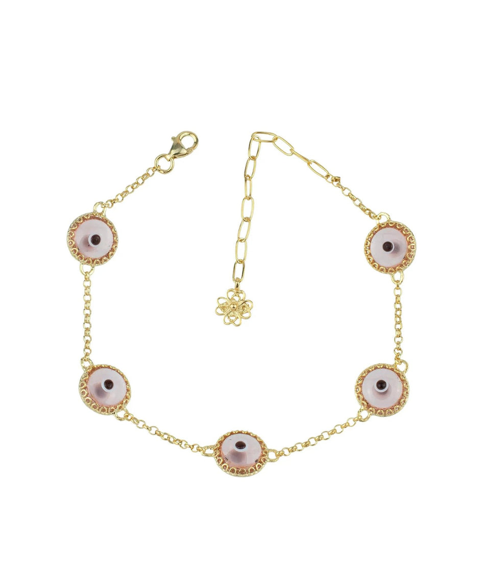 5 Beads Pink Evil Eye Women Gold Plated Silver Link Bracelet - Drakoi Marketplace