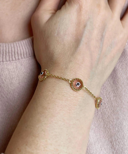 5 Beads Pink Evil Eye Women Gold Plated Silver Link Bracelet - Drakoi Marketplace