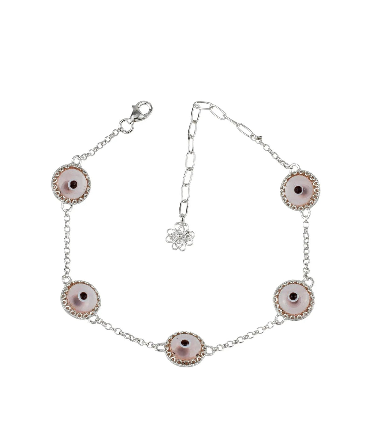 5 Beads Pink Evil Eye Women Silver Link Bracelet - Drakoi Marketplace