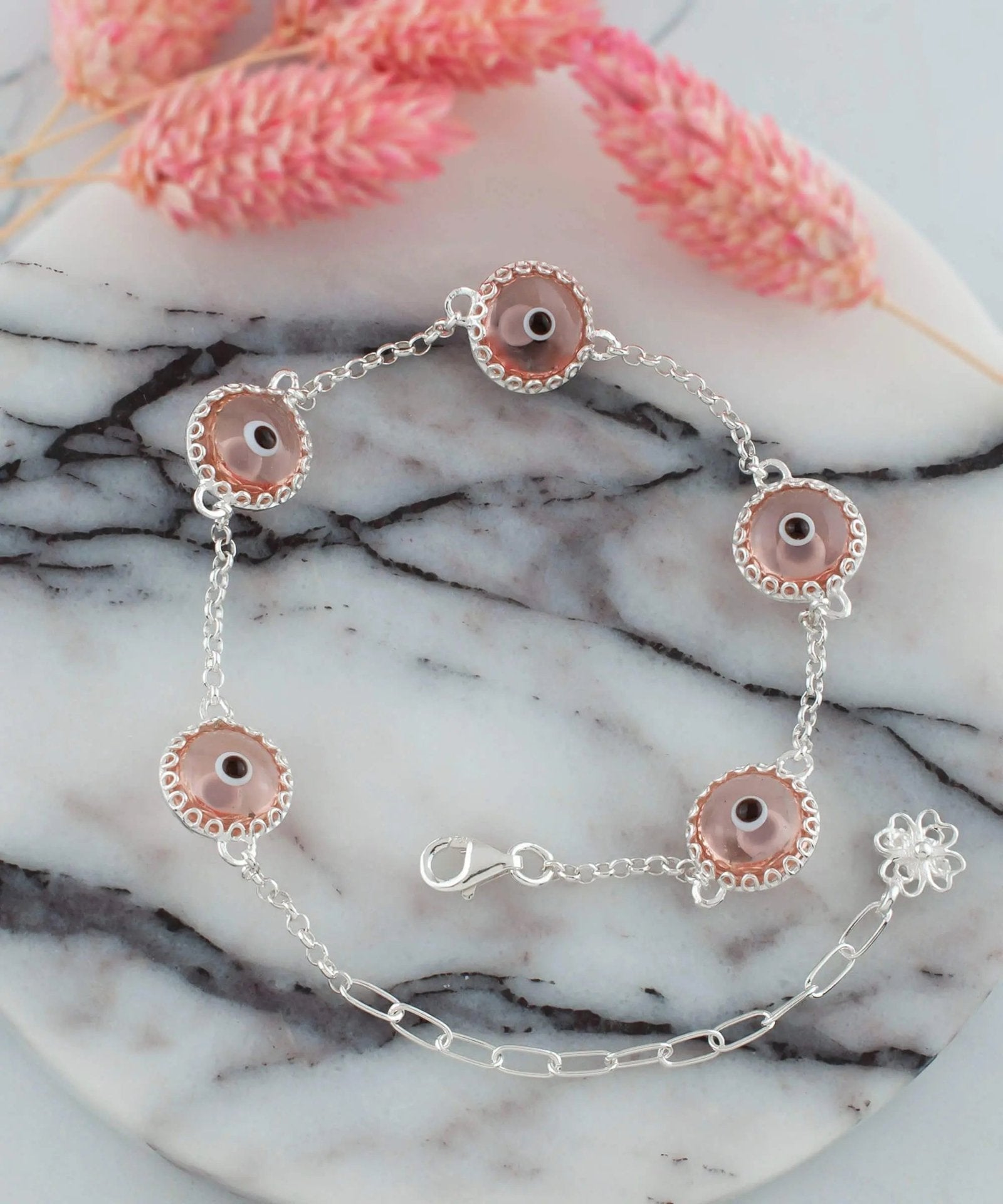 5 Beads Pink Evil Eye Women Silver Link Bracelet - Drakoi Marketplace