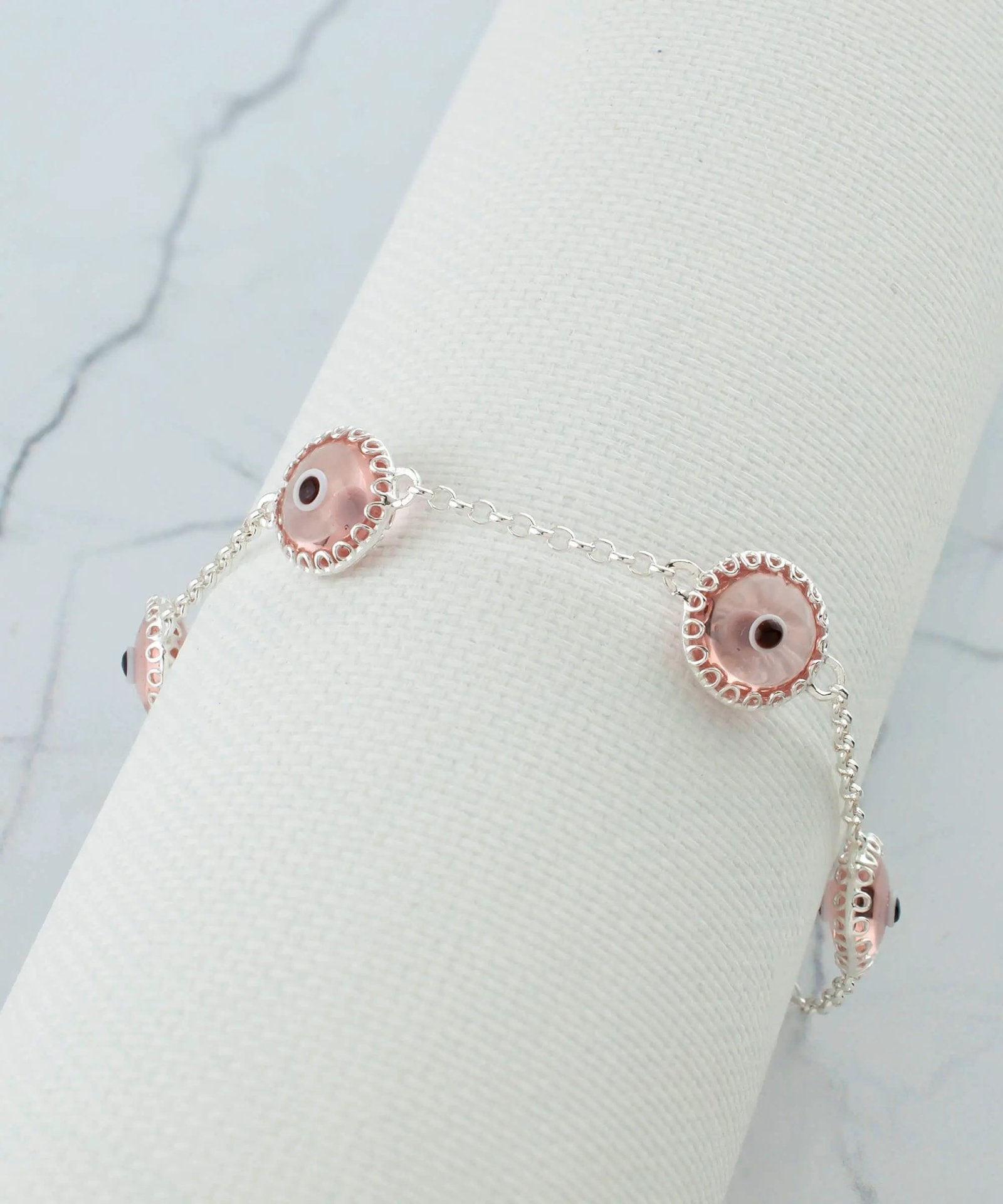 5 Beads Pink Evil Eye Women Silver Link Bracelet - Drakoi Marketplace